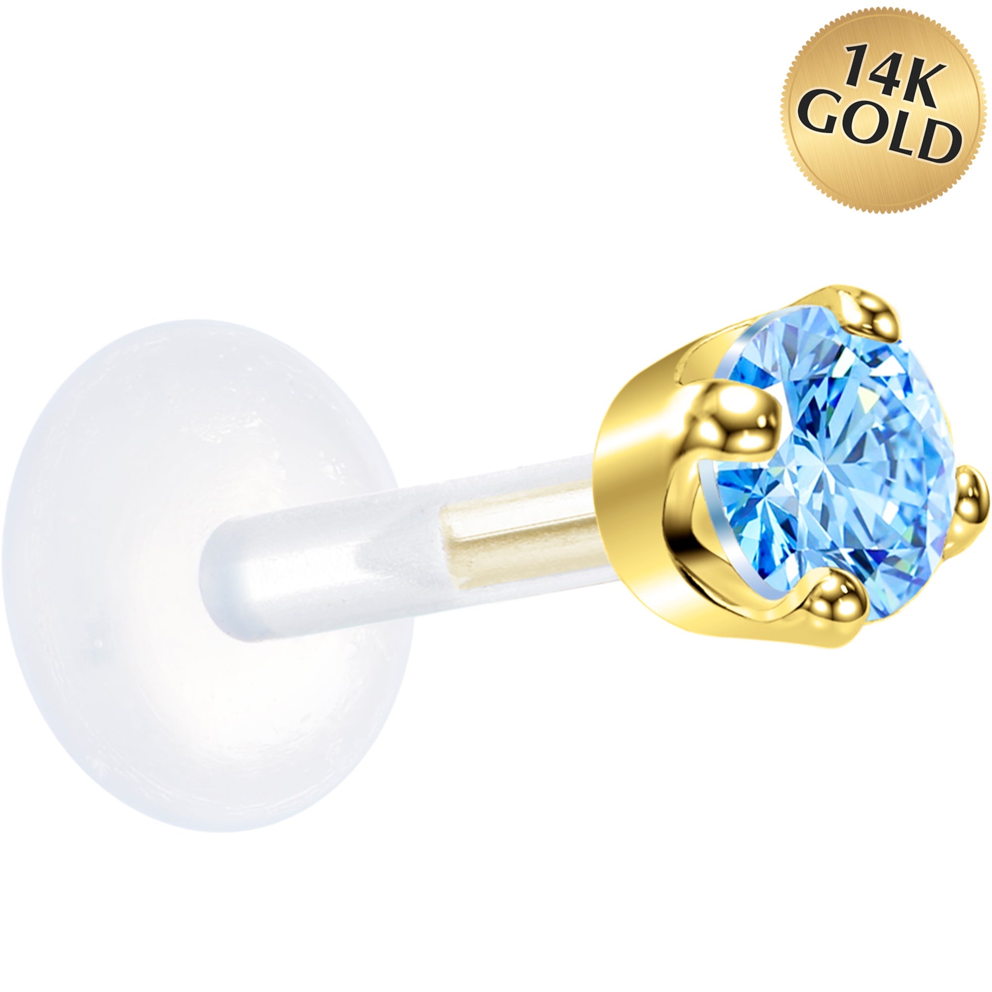 BodyCandy 16G 1/4 Solid 14K Yellow Gold 3mm Plexi Blue Cubic Zirconia Bioplast Tragus Earring Stud — main product shot