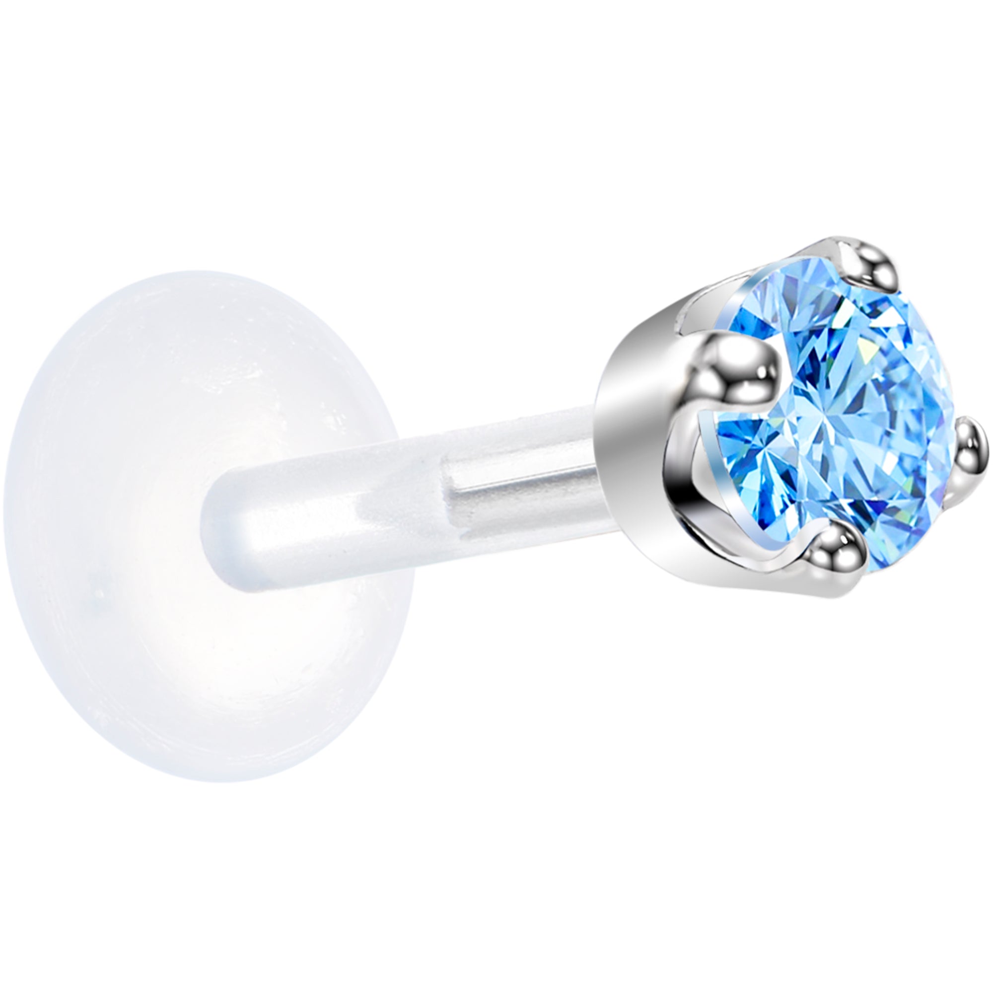 BodyCandy 16G 1/4 Solid 14K White Gold 3mm Plexi Blue Cubic Zirconia Bioplast Tragus Earring Stud — detail close-up