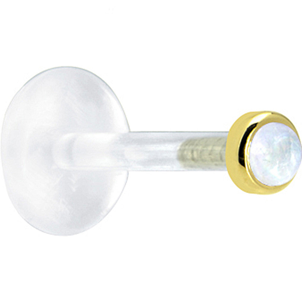 BodyCandy 16G 1/4 Solid 14K Yellow Gold 2mm Genuine Rainbow Moonstone Bioplast Cartilage Earring Stud — detail close-up