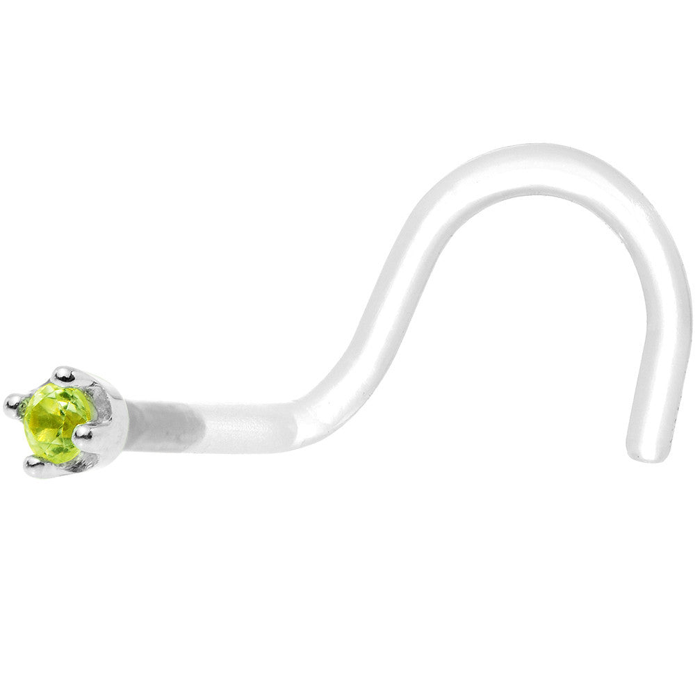 BodyCandy 18G 1/4 White Gold 1.5mm Genuine Peridot Bioplast Nose Ring — detail close-up