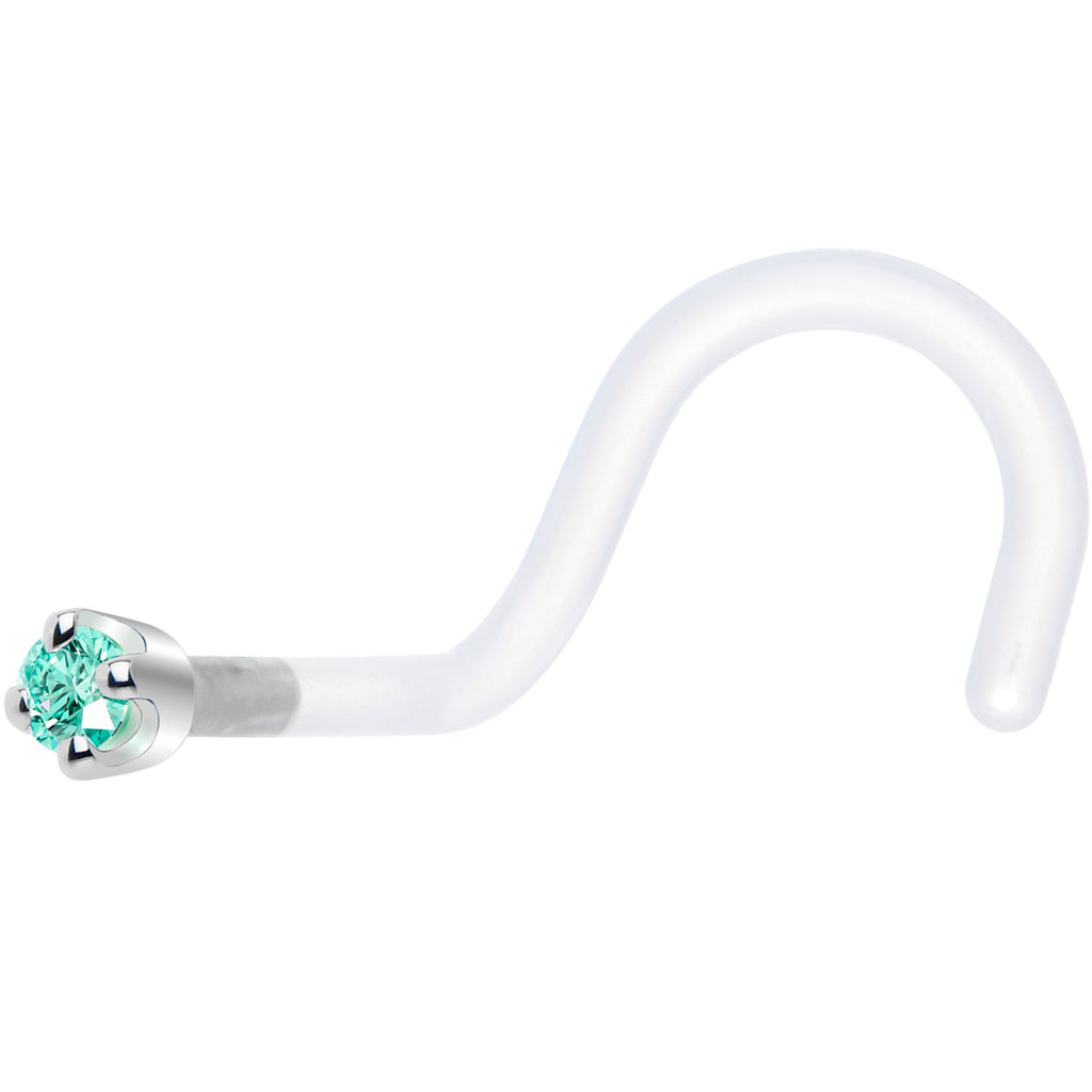 BodyCandy 18G 1/4 White Gold 1.5mm Mint Green Cubic Zirconia Bioplast Nose Ring — detail close-up