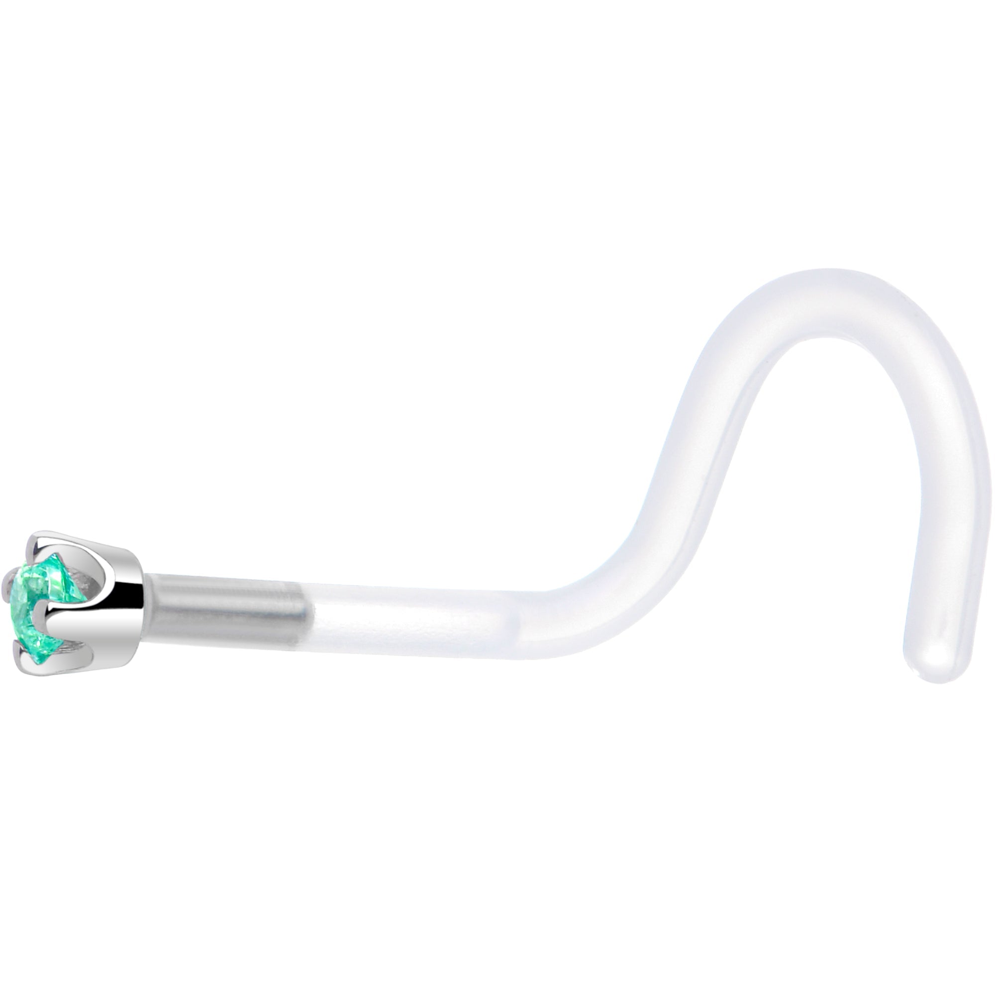 BodyCandy 18G 1/4 White Gold 1.5mm Mint Green Cubic Zirconia Bioplast Nose Ring — side view