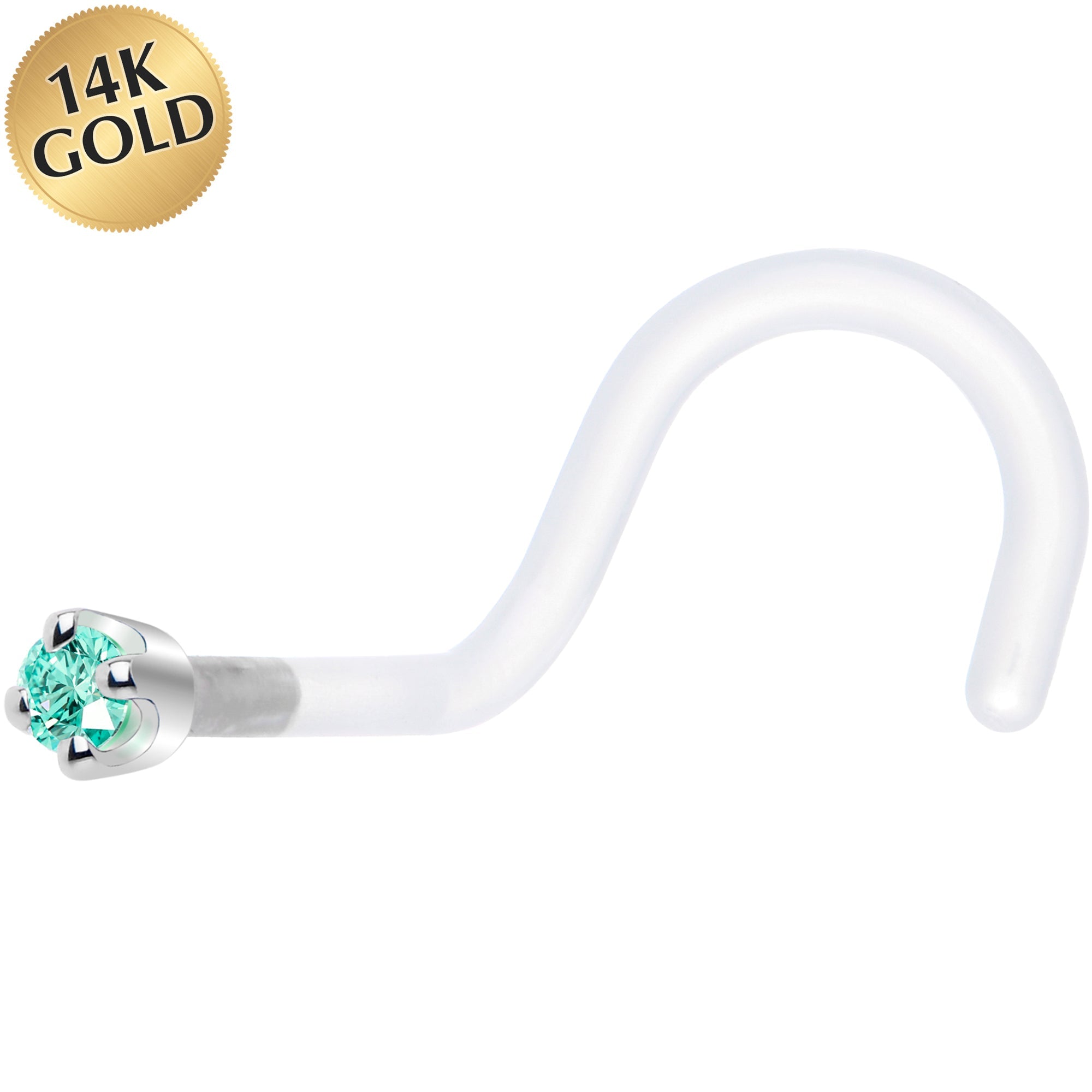 BodyCandy 18G 1/4 White Gold 1.5mm Mint Green Cubic Zirconia Bioplast Nose Ring — main product shot