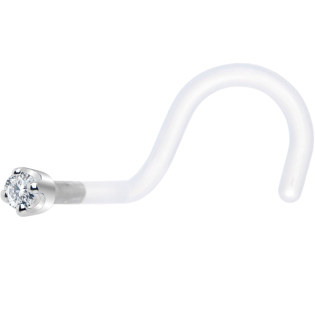 BodyCandy 18G 1/4 White Gold 1.5mm Clear Cubic Zirconia Bioplast Nose Ring — detail close-up