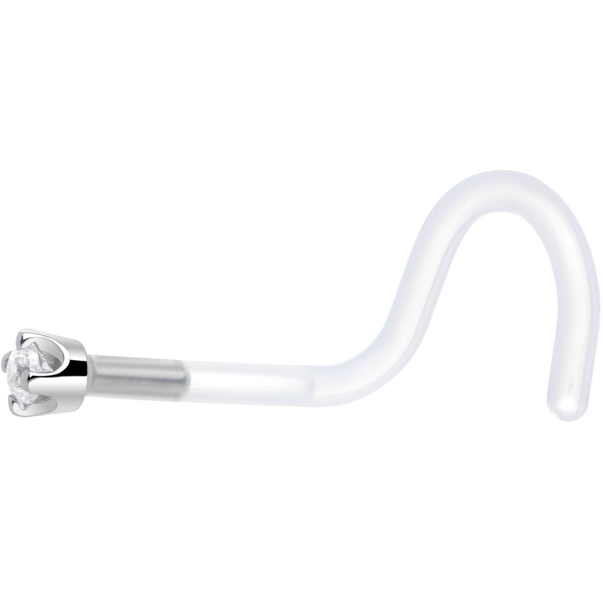 BodyCandy 18G 1/4 White Gold 1.5mm Clear Cubic Zirconia Bioplast Nose Ring — side view