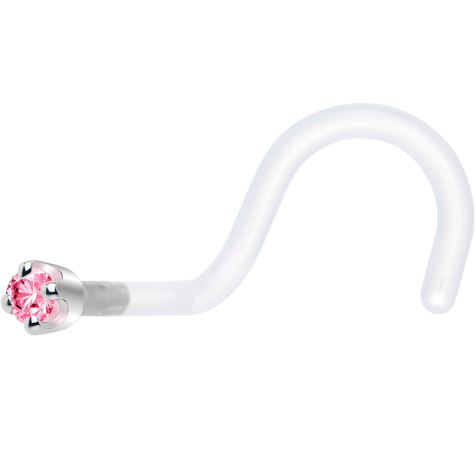 BodyCandy 18G 1/4 White Gold 1.5mm Pink Cubic Zirconia Bioplast Nose Ring — detail close-up