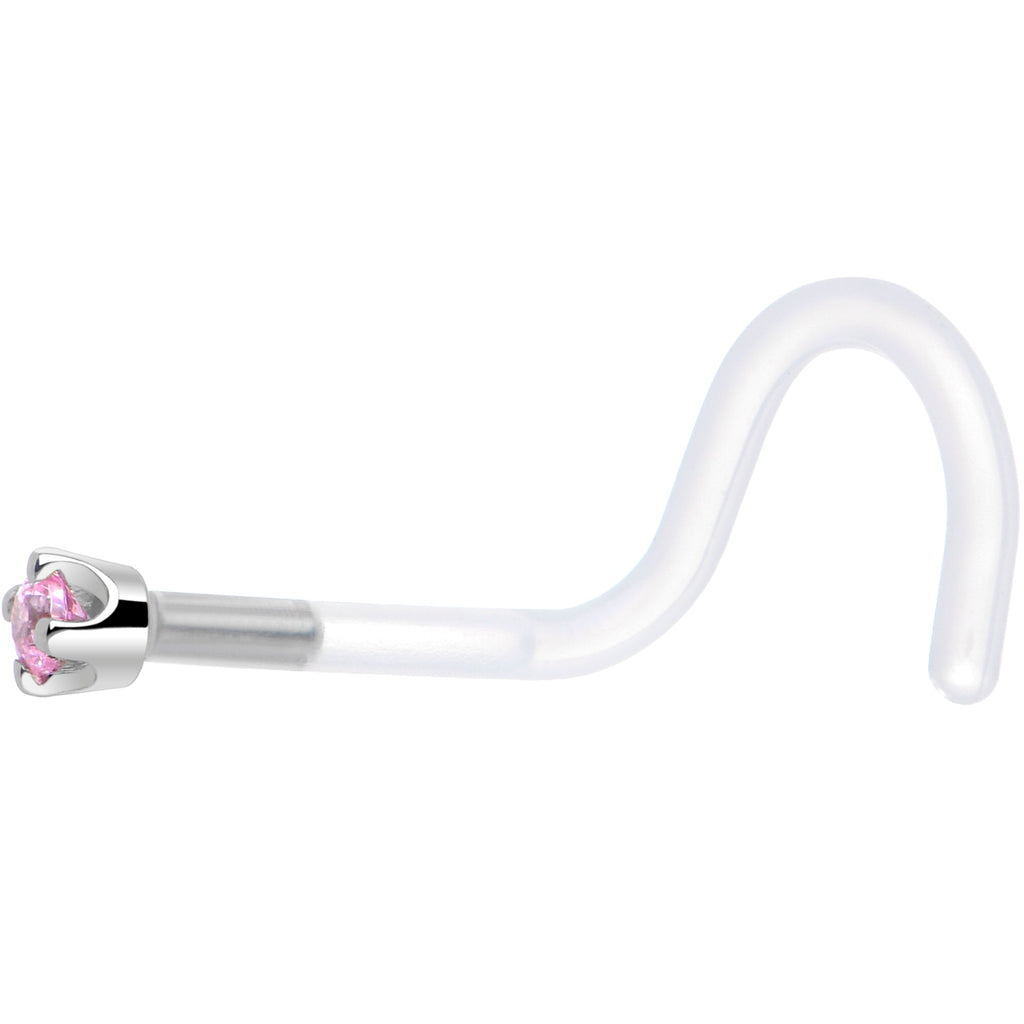 BodyCandy 18G 1/4 White Gold 1.5mm Pink Cubic Zirconia Bioplast Nose Ring — side view