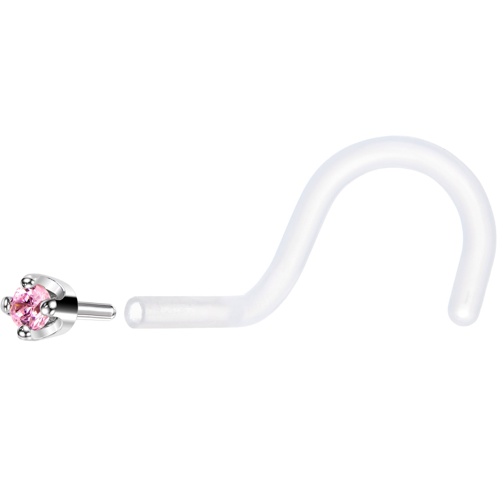 BodyCandy 18G 1/4 White Gold 1.5mm Pink Cubic Zirconia Bioplast Nose Ring — back view