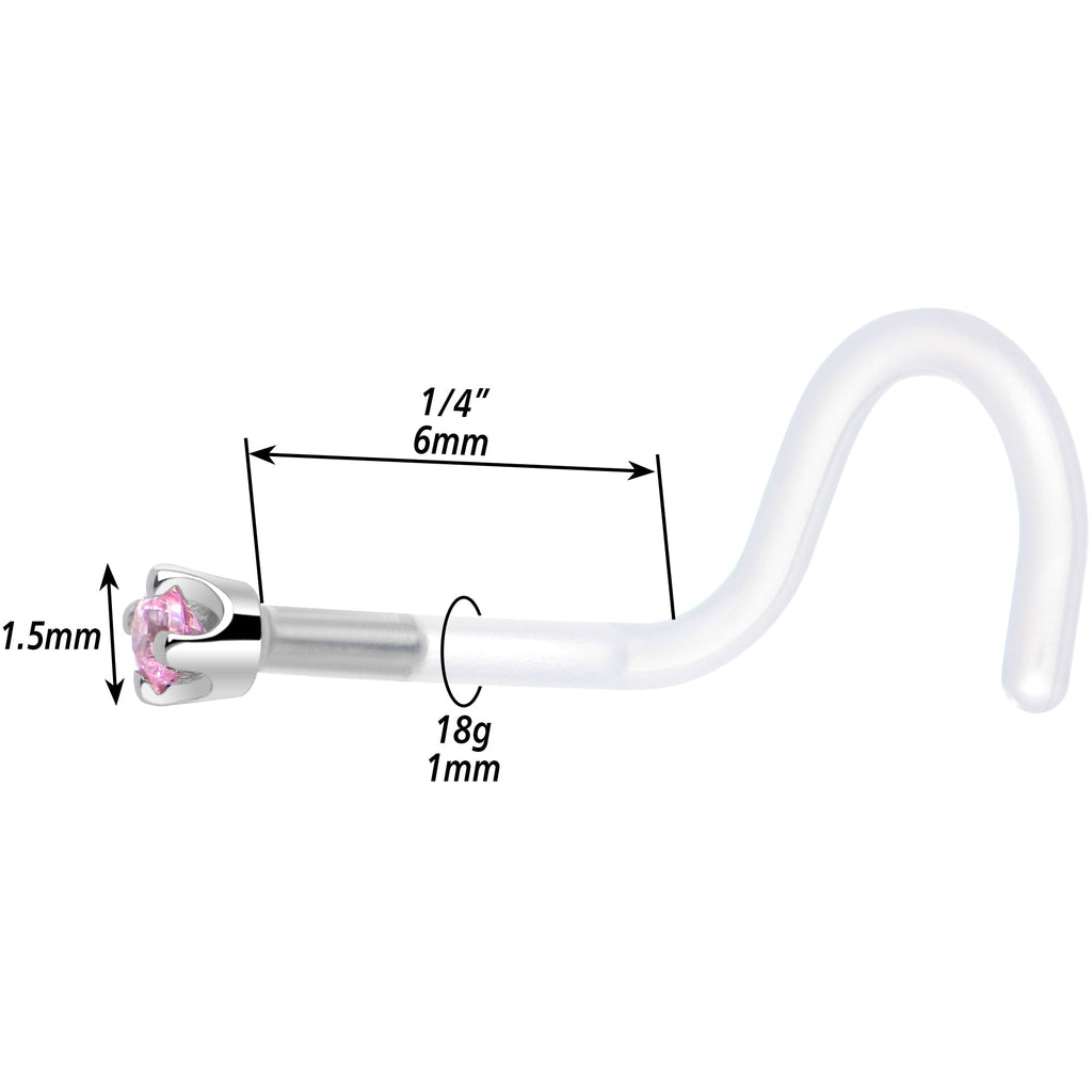 BodyCandy 18G 1/4 White Gold 1.5mm Pink Cubic Zirconia Bioplast Nose Ring — alternative angle