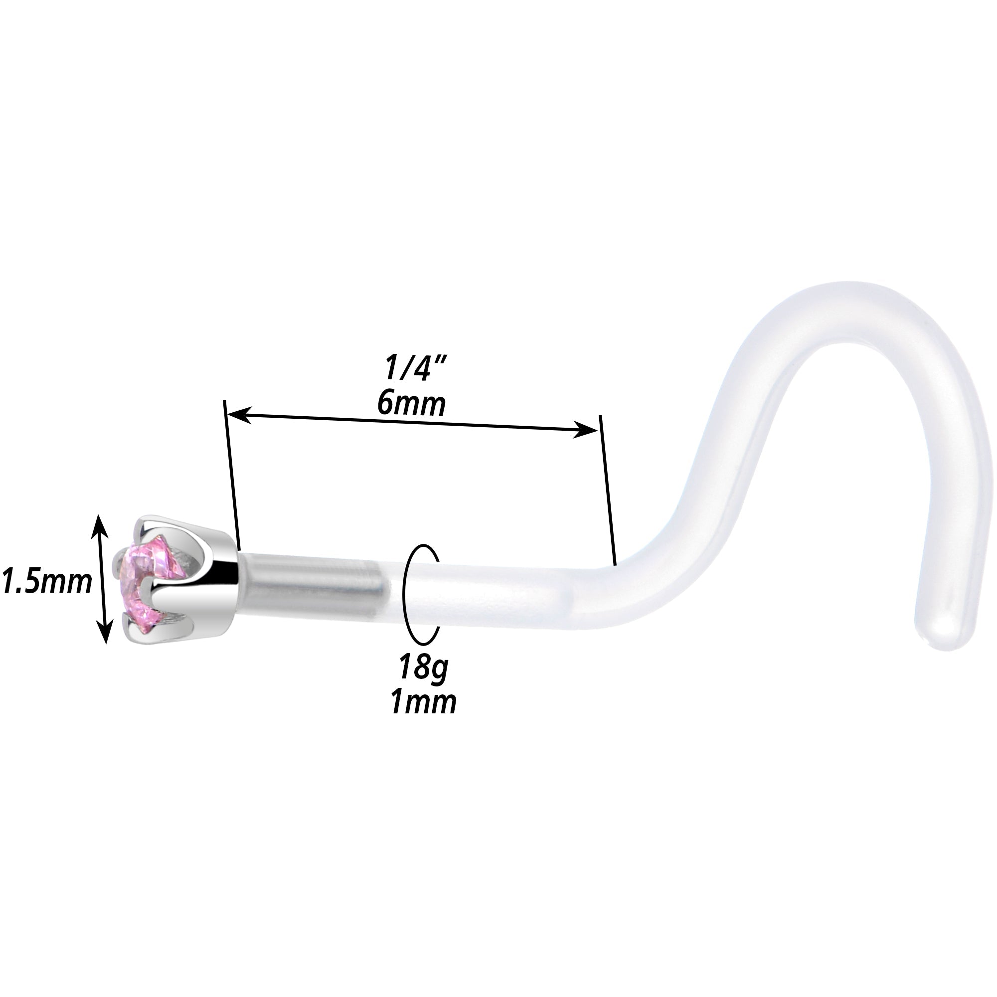 BodyCandy 18G 1/4 White Gold 1.5mm Pink Cubic Zirconia Bioplast Nose Ring — alternative angle