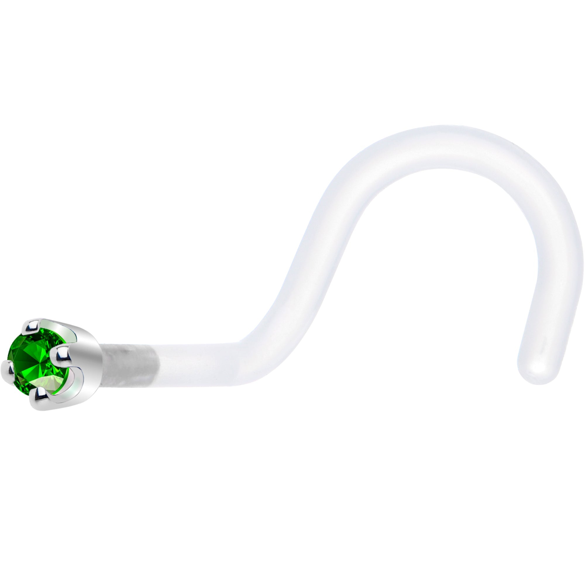 BodyCandy 18G 1/4 White Gold 1.5mm Green Cubic Zirconia Bioplast Nose Ring — detail close-up