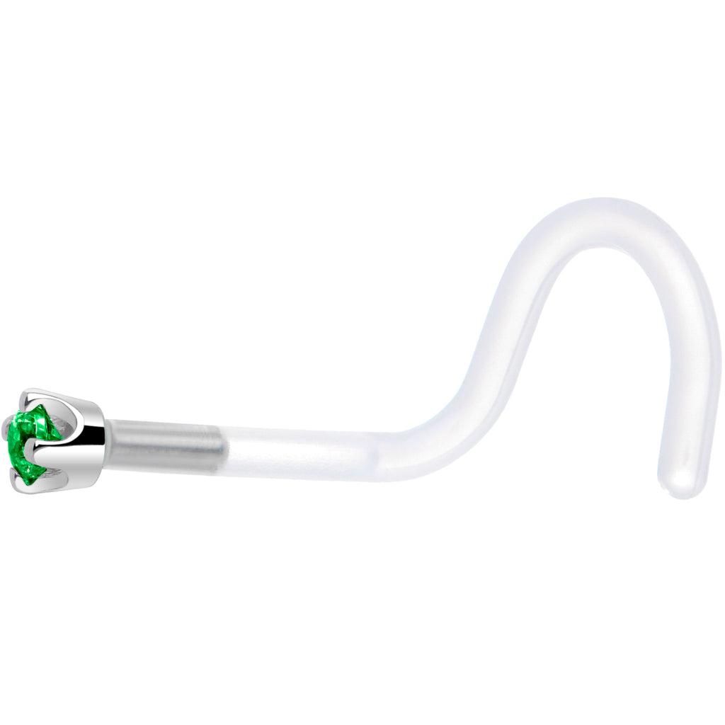 BodyCandy 18G 1/4 White Gold 1.5mm Green Cubic Zirconia Bioplast Nose Ring — side view