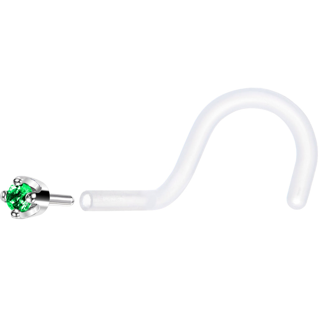 BodyCandy 18G 1/4 White Gold 1.5mm Green Cubic Zirconia Bioplast Nose Ring — back view