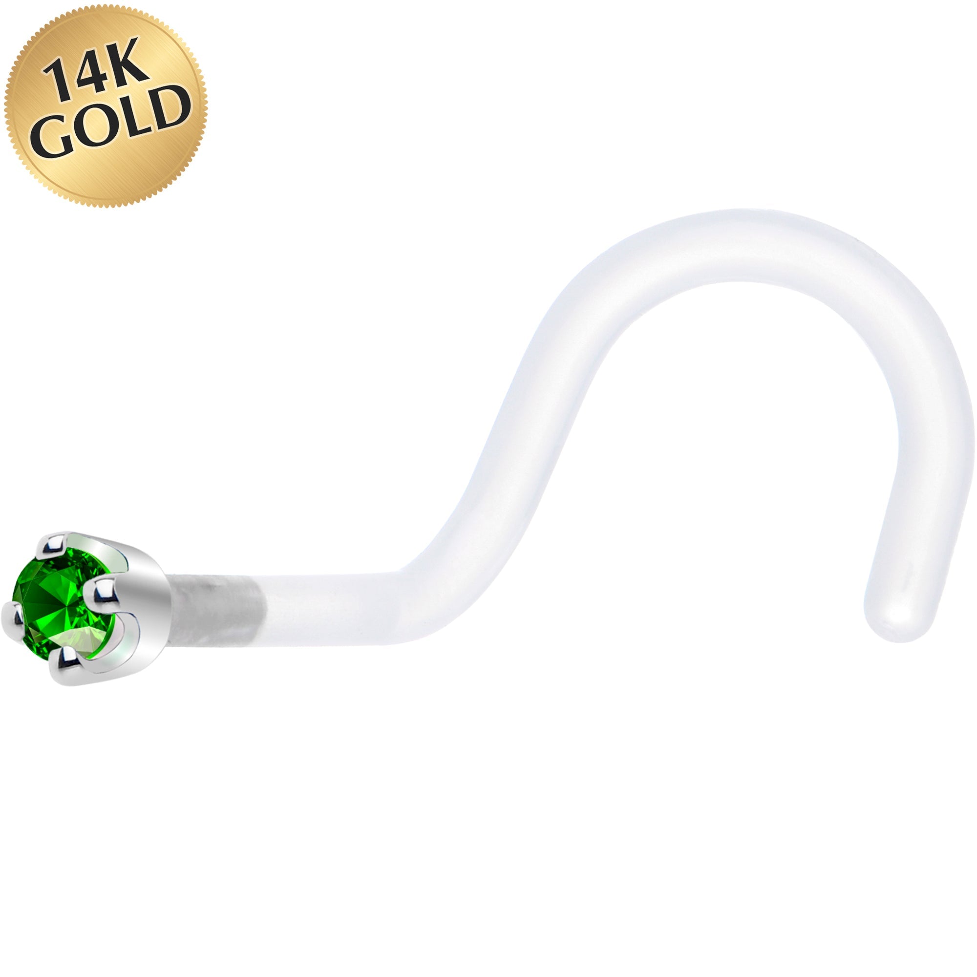 BodyCandy 18G 1/4 White Gold 1.5mm Green Cubic Zirconia Bioplast Nose Ring — main product shot