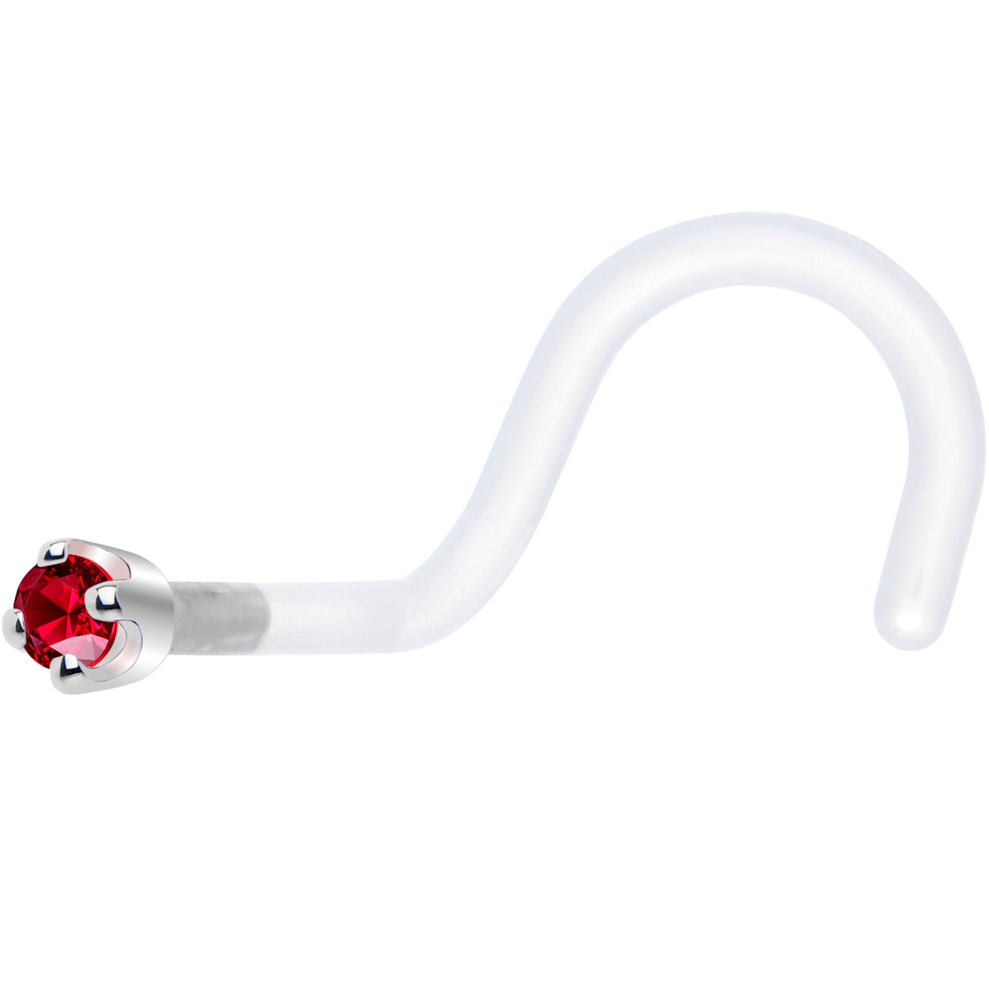 BodyCandy 18G 1/4 White Gold 1.5mm Red Cubic Zirconia Bioplast Nose Ring — detail close-up