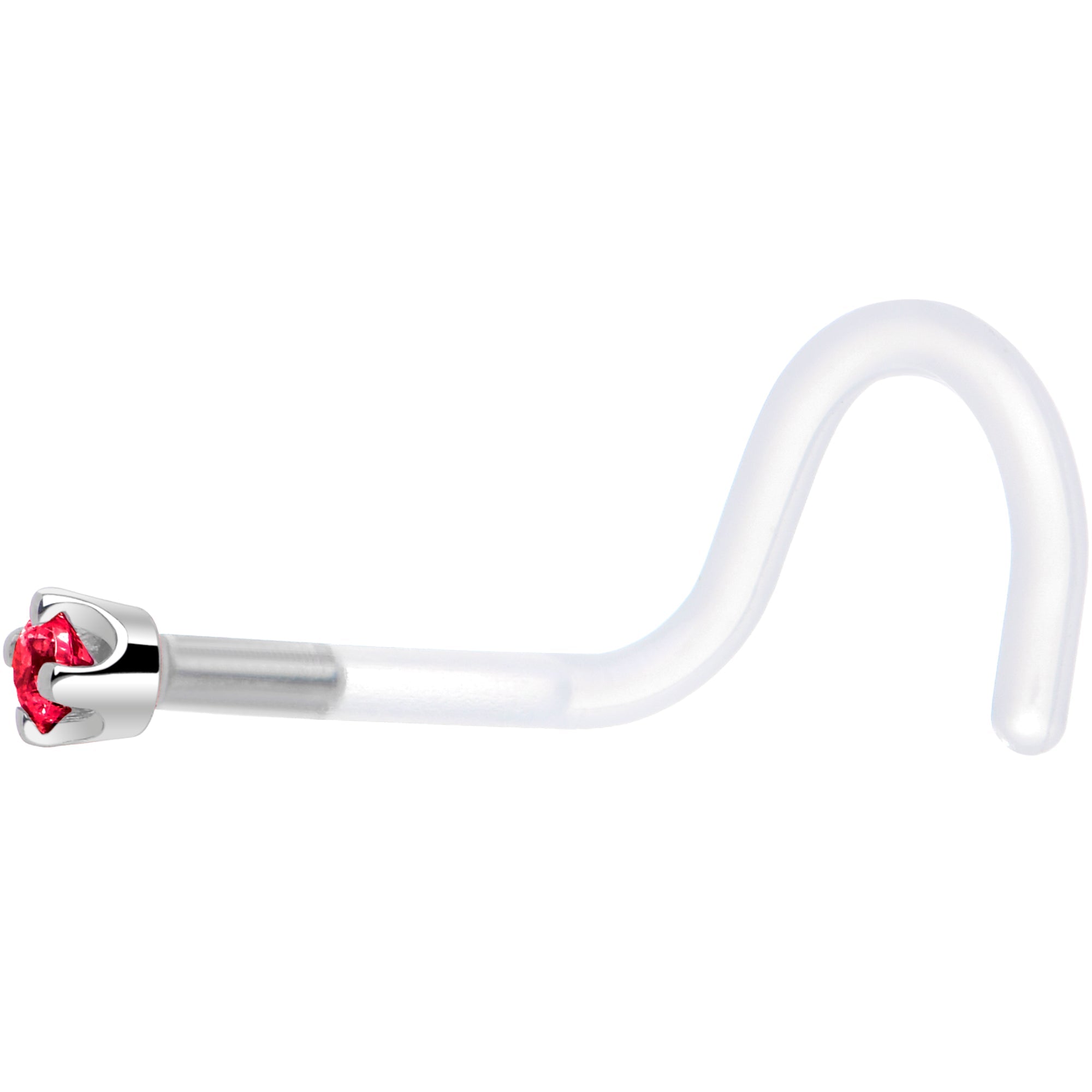 BodyCandy 18G 1/4 White Gold 1.5mm Red Cubic Zirconia Bioplast Nose Ring — side view