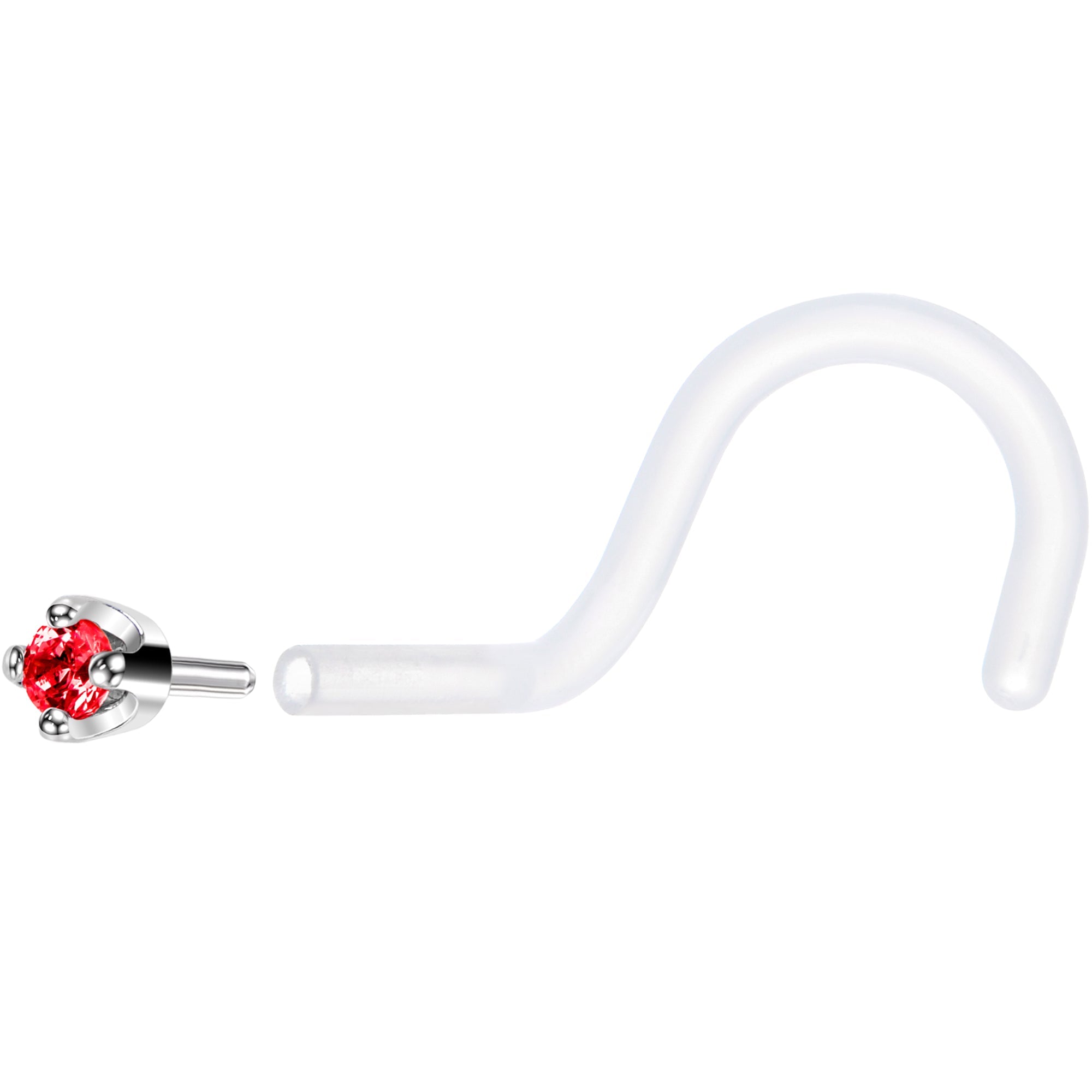 BodyCandy 18G 1/4 White Gold 1.5mm Red Cubic Zirconia Bioplast Nose Ring — back view