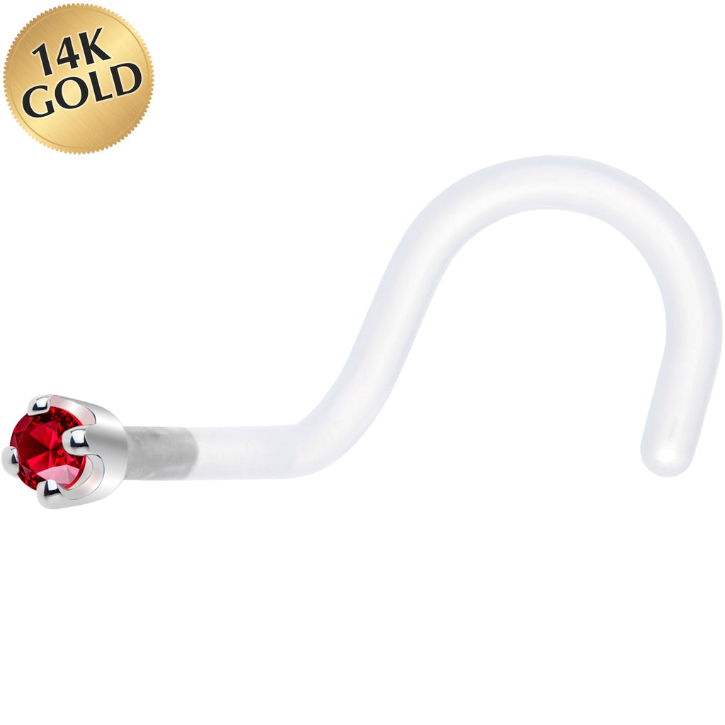BodyCandy 18G 1/4 White Gold 1.5mm Red Cubic Zirconia Bioplast Nose Ring — main product shot