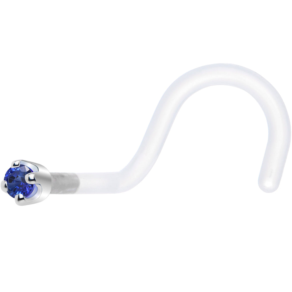 BodyCandy 18G 1/4 White Gold 1.5mm Blue Cubic Zirconia Bioplast Nose Ring — detail close-up