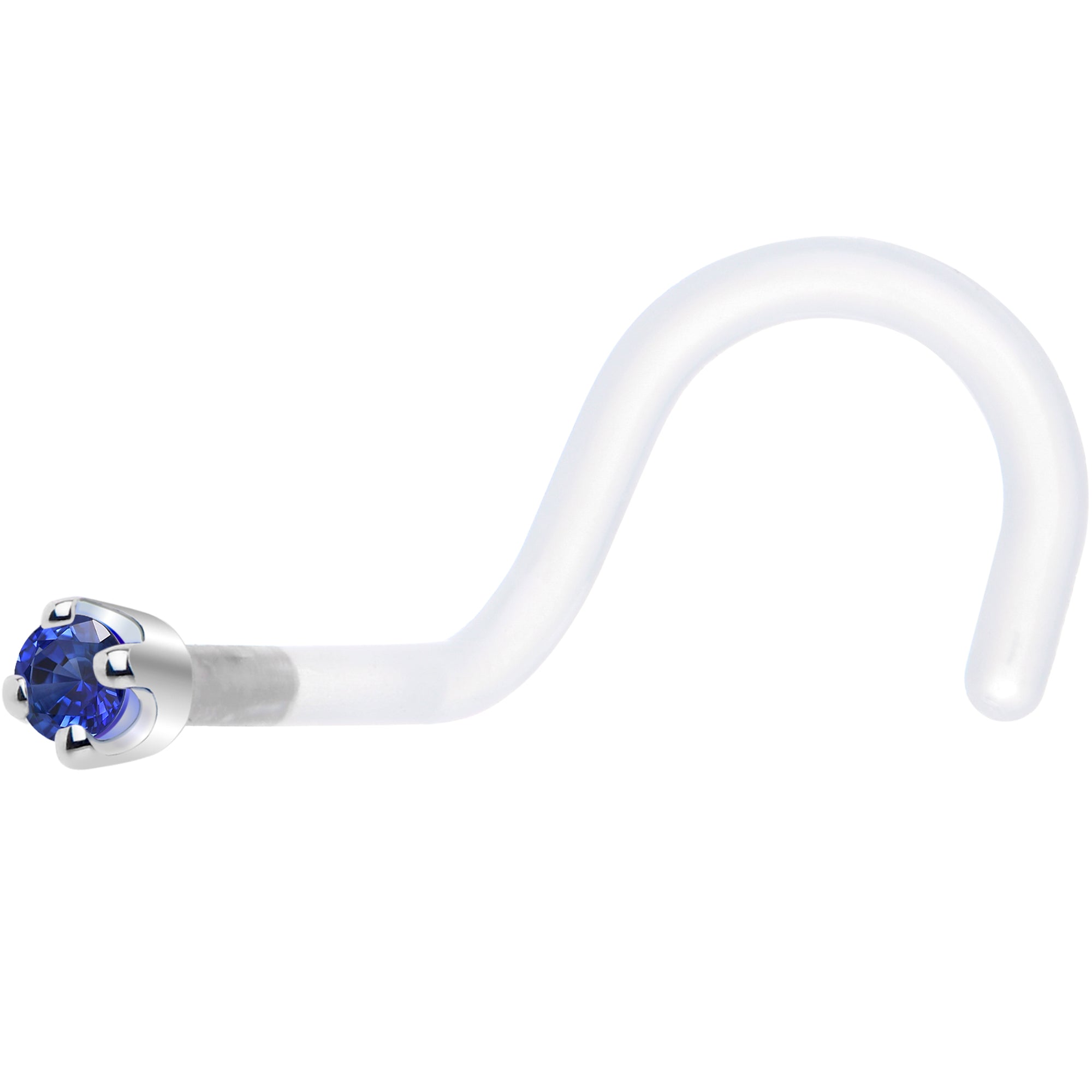BodyCandy 18G 1/4 White Gold 1.5mm Blue Cubic Zirconia Bioplast Nose Ring — detail close-up