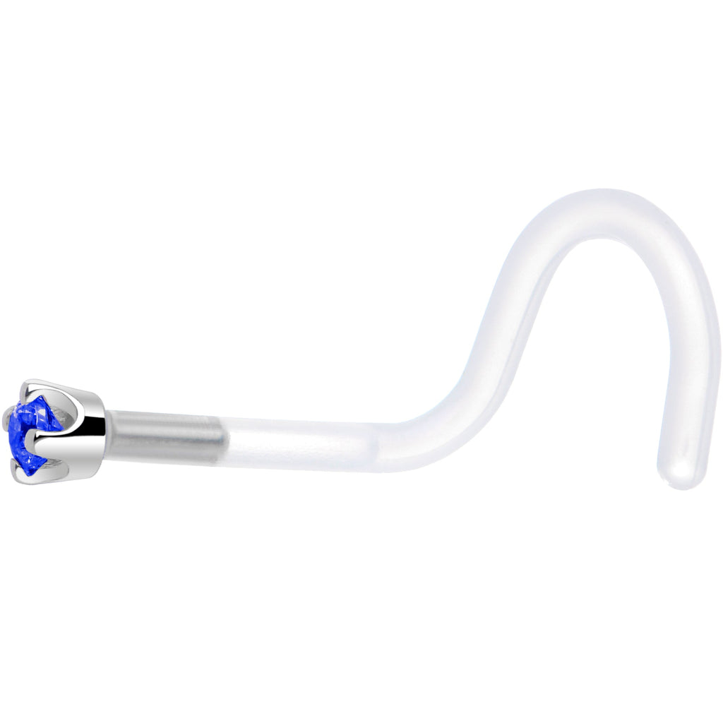 BodyCandy 18G 1/4 White Gold 1.5mm Blue Cubic Zirconia Bioplast Nose Ring — side view