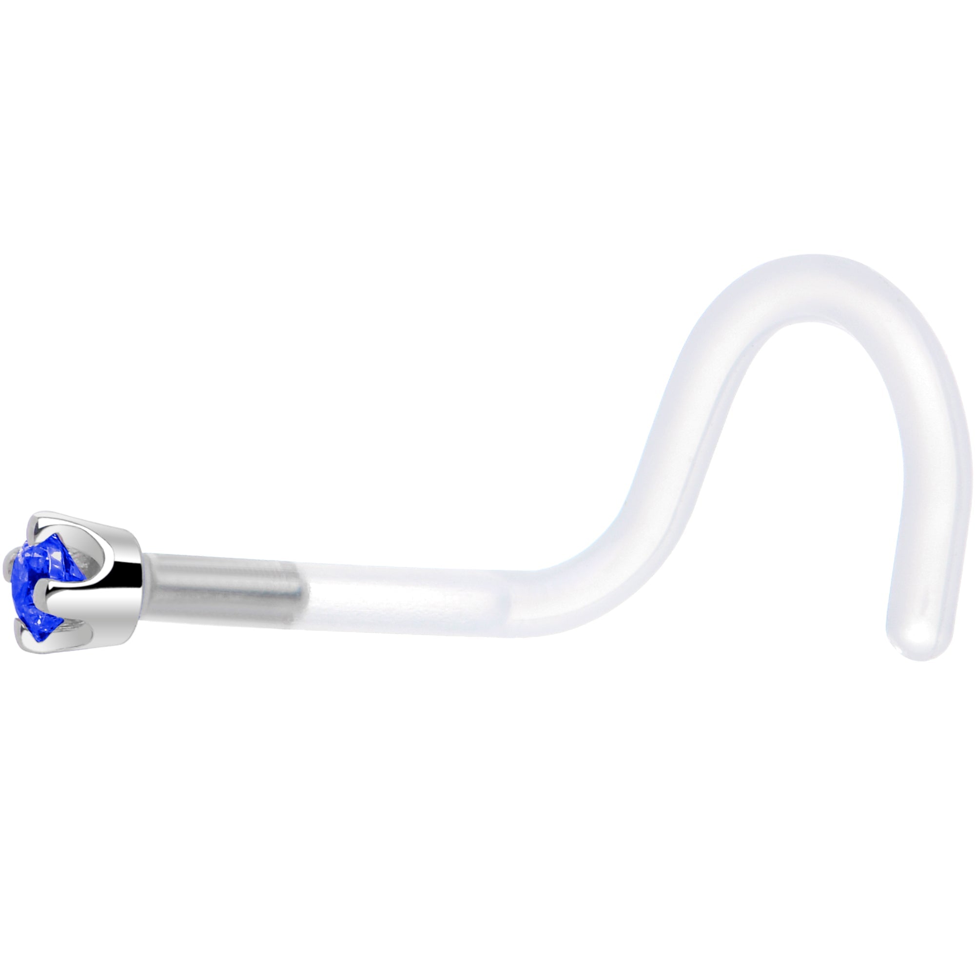 BodyCandy 18G 1/4 White Gold 1.5mm Blue Cubic Zirconia Bioplast Nose Ring — side view