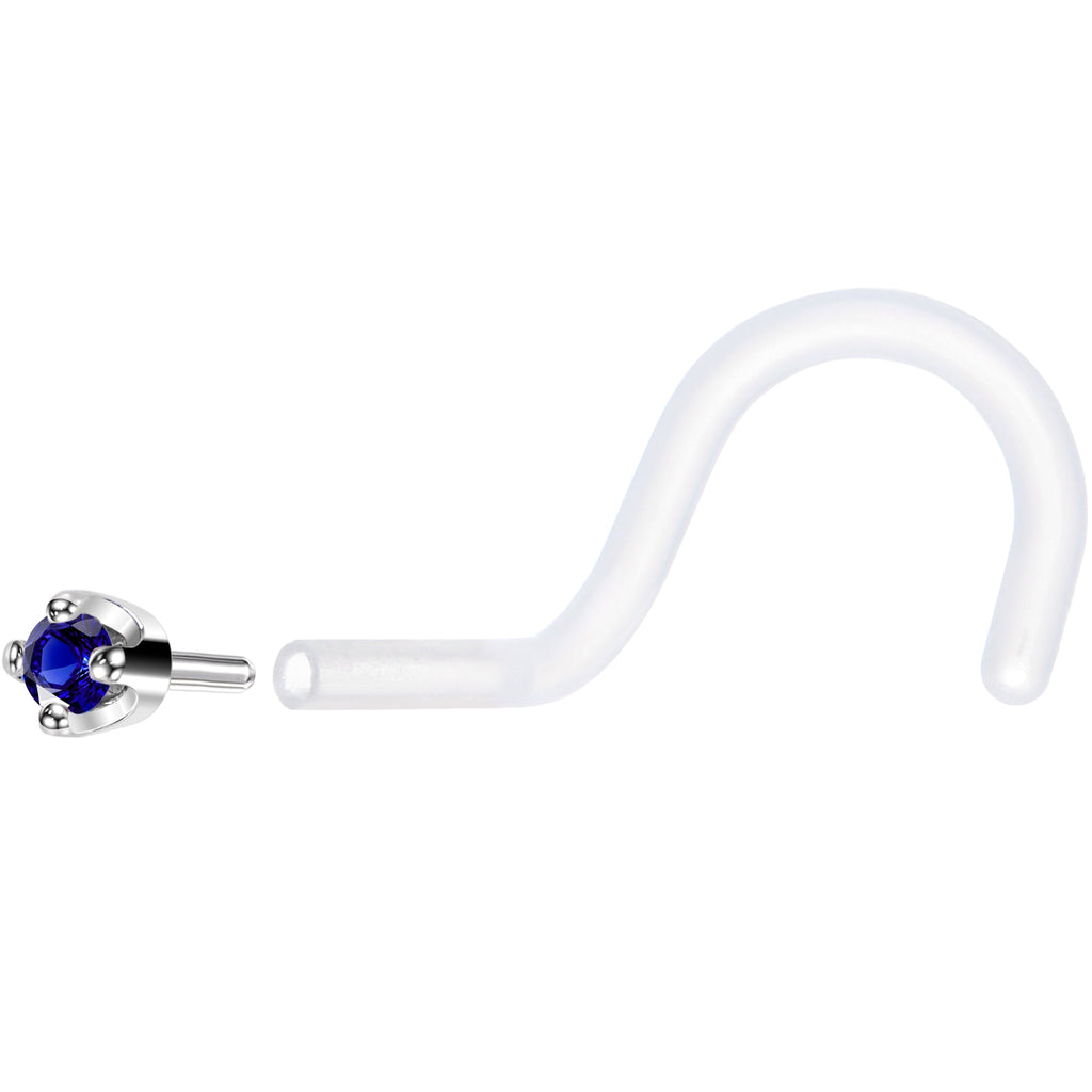 BodyCandy 18G 1/4 White Gold 1.5mm Blue Cubic Zirconia Bioplast Nose Ring — back view