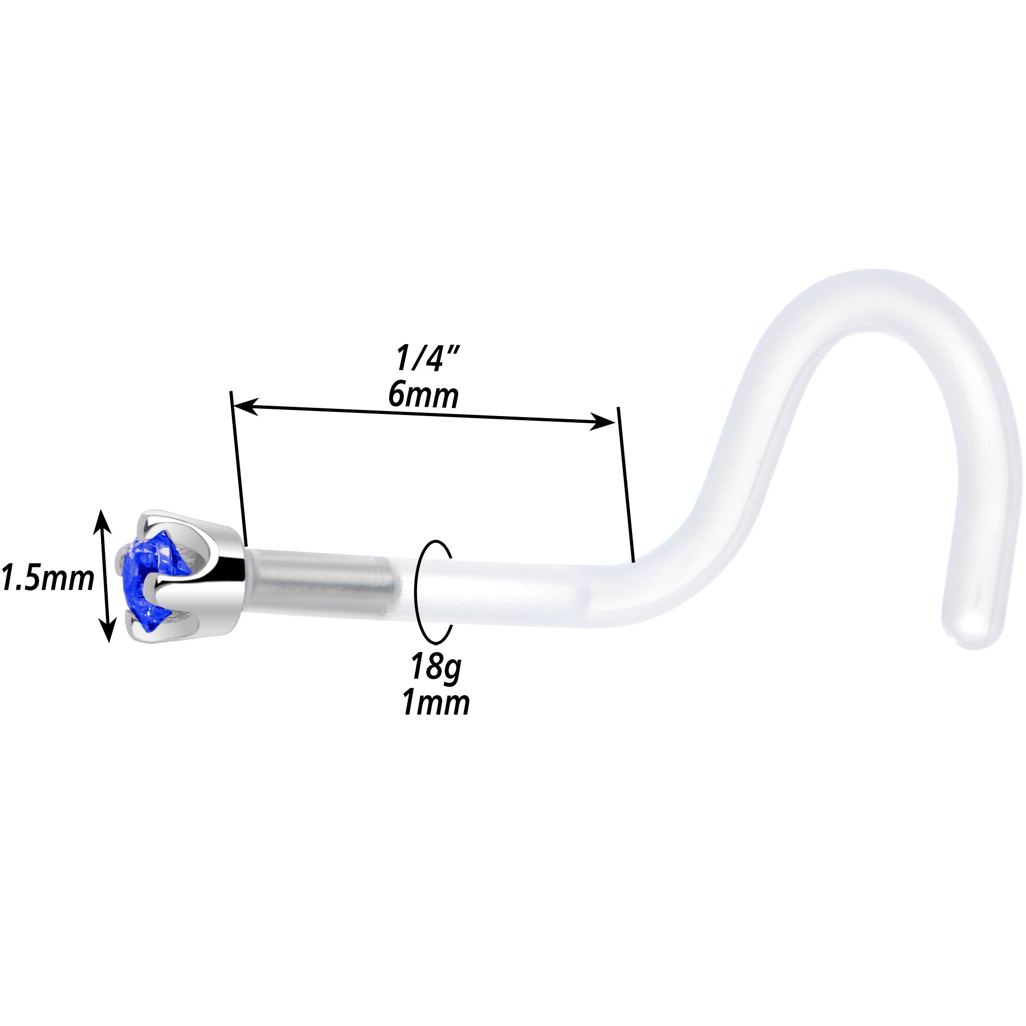 BodyCandy 18G 1/4 White Gold 1.5mm Blue Cubic Zirconia Bioplast Nose Ring — alternative angle
