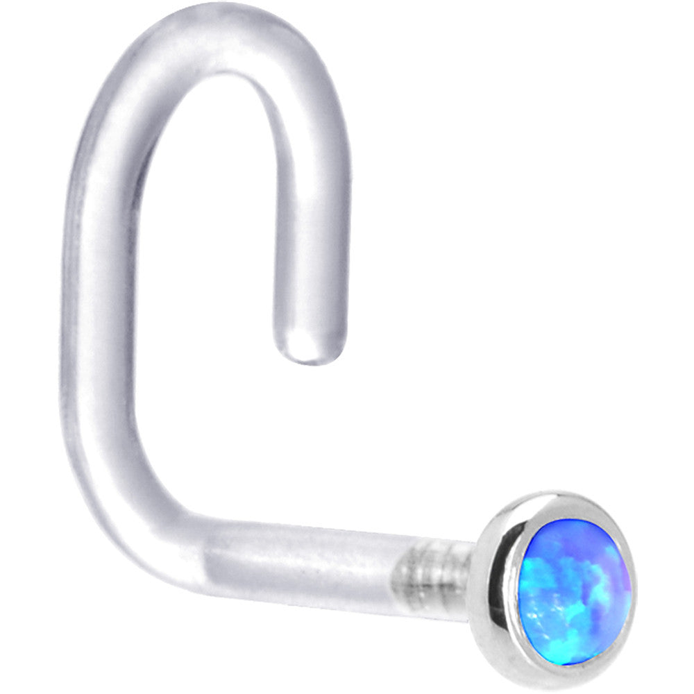 BodyCandy 18G 1/4 White Gold 2mm Blue Synthetic Opal Bioplast Nose Ring — detail close-up