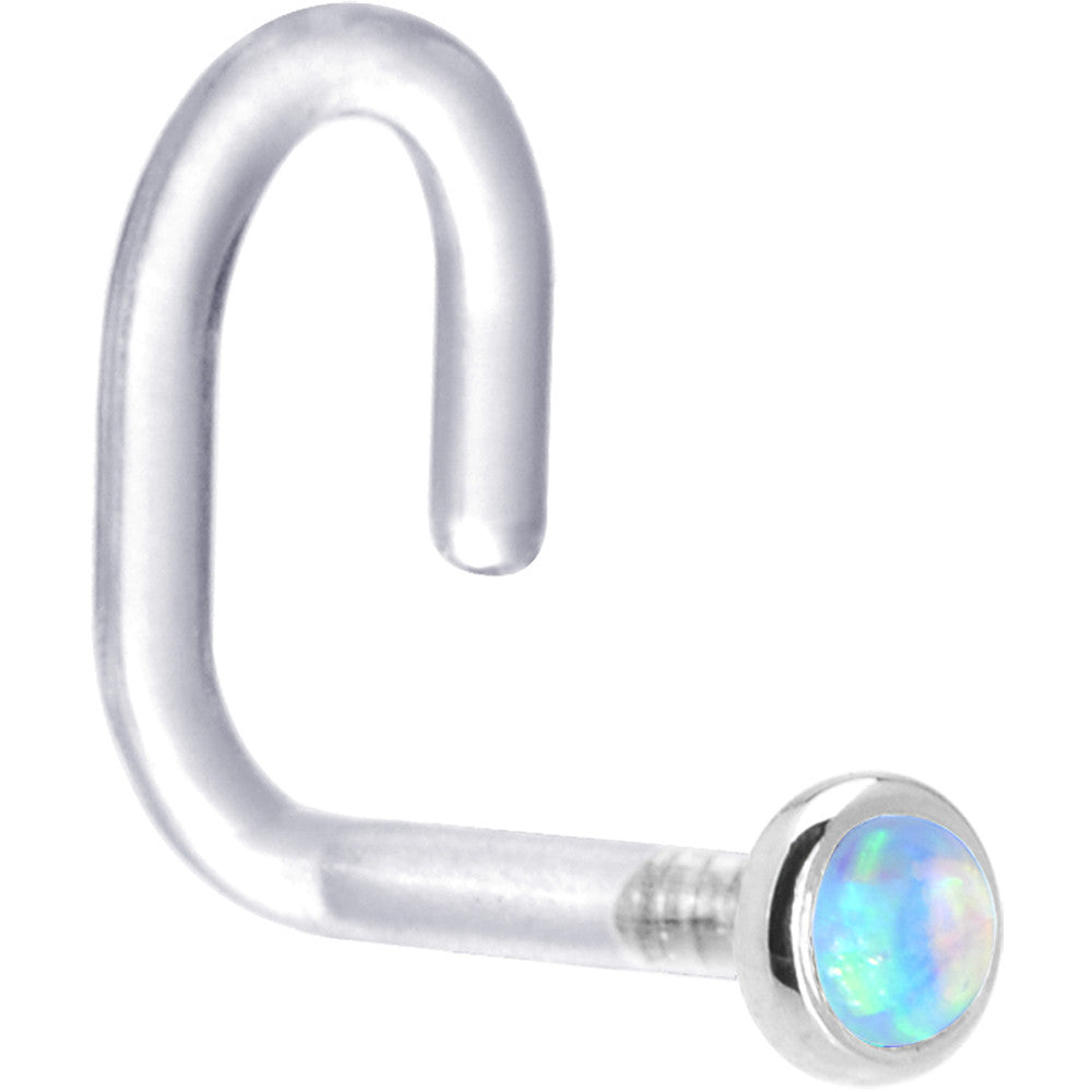 BodyCandy 18G 1/4 White Gold 2mm Light Blue Synthetic Opal Bioplast Nose Ring — detail close-up