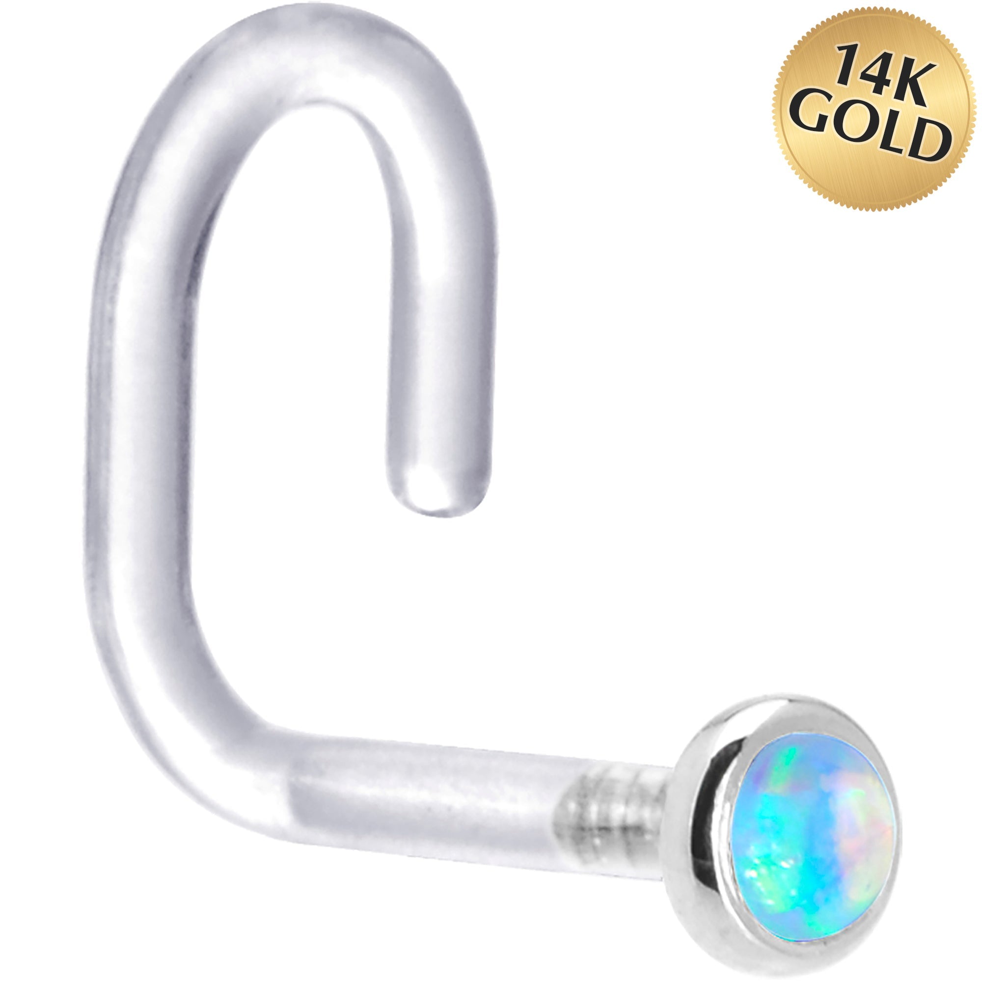 BodyCandy 18G 1/4 White Gold 2mm Light Blue Synthetic Opal Bioplast Nose Ring — main product shot