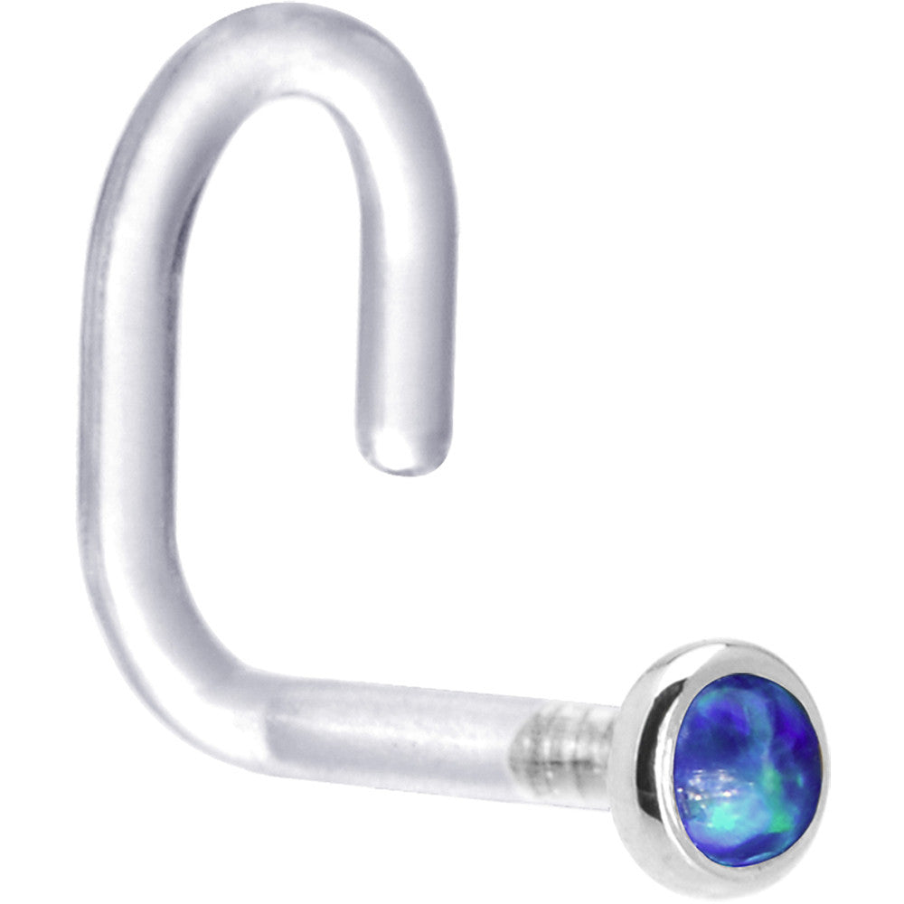 BodyCandy 18G 1/4 White Gold 2mm Dark Blue Synthetic Opal Bioplast Nose Ring — detail close-up