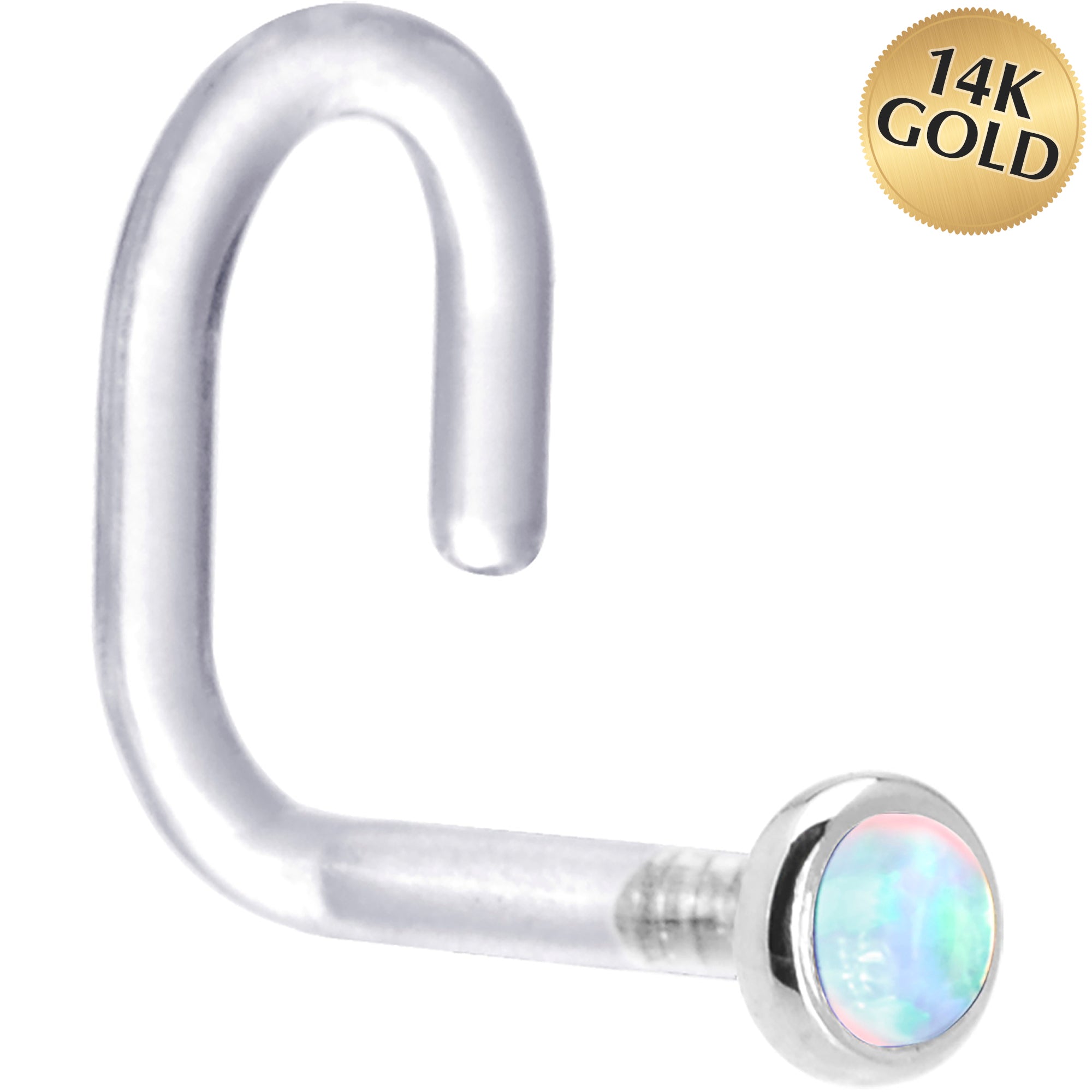 BodyCandy 18G 1/4 White Gold 2mm White Synthetic Opal Bioplast Nose Ring — main product shot
