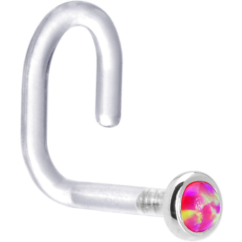 BodyCandy 18G 1/4 White Gold 2mm Brilliant Pink Synthetic Opal Bioplast Nose Ring — detail close-up