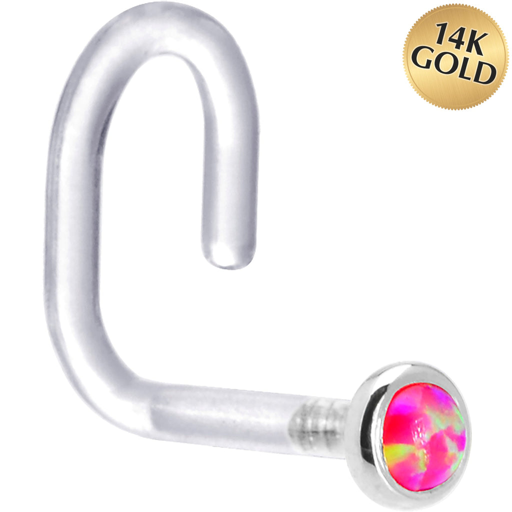 BodyCandy 18G 1/4 White Gold 2mm Brilliant Pink Synthetic Opal Bioplast Nose Ring — main product shot
