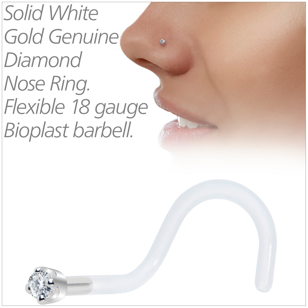 BodyCandy 18G 1/4 White Gold 1.5mm Genuine Diamond Bioplast Nose Ring — side view