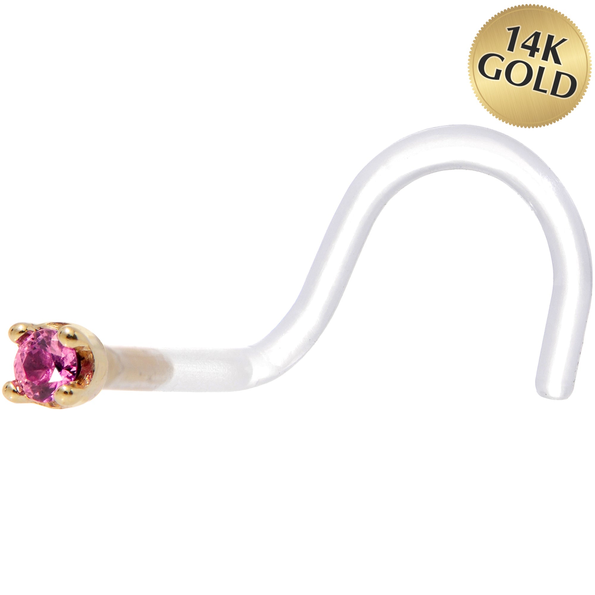 BodyCandy 18G 1/4 Yellow Gold 1.5mm Genuine Pink Sapphire Bioplast Nose Ring — main product shot