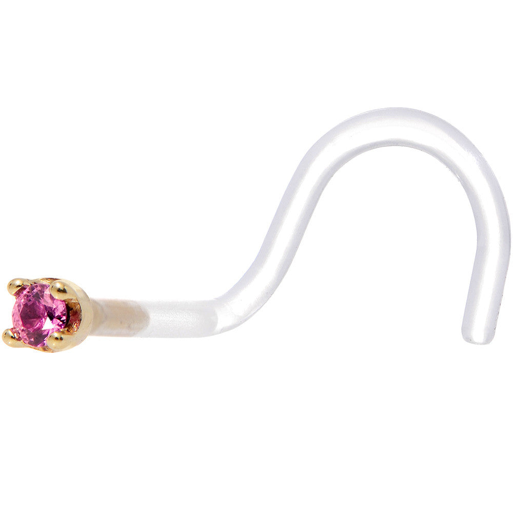 BodyCandy 18G 1/4 Yellow Gold 1.5mm Genuine Pink Sapphire Bioplast Nose Ring — detail close-up