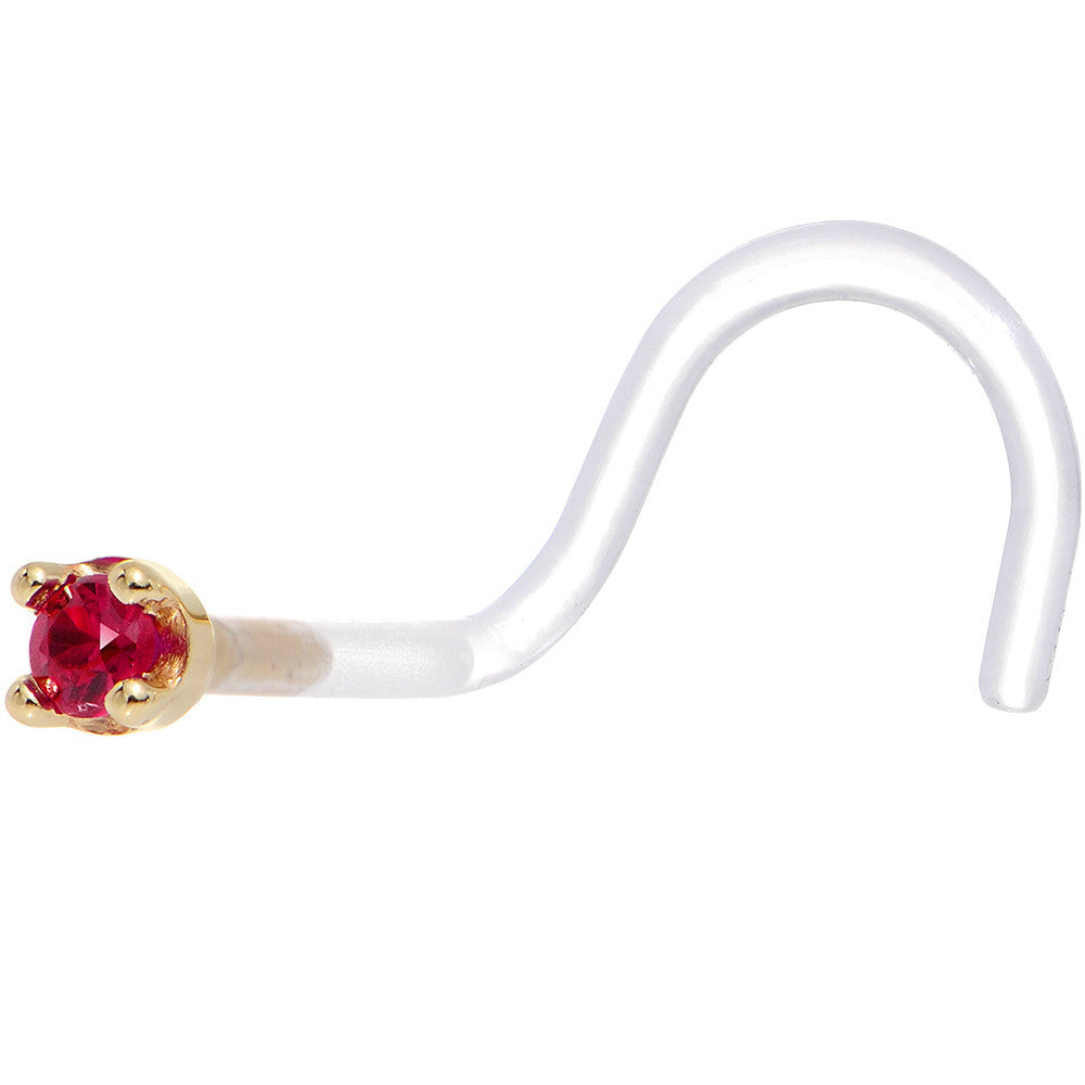 BodyCandy 18G 1/4 Yellow Gold 1.5mm Genuine Ruby Bioplast Nose Ring — detail close-up