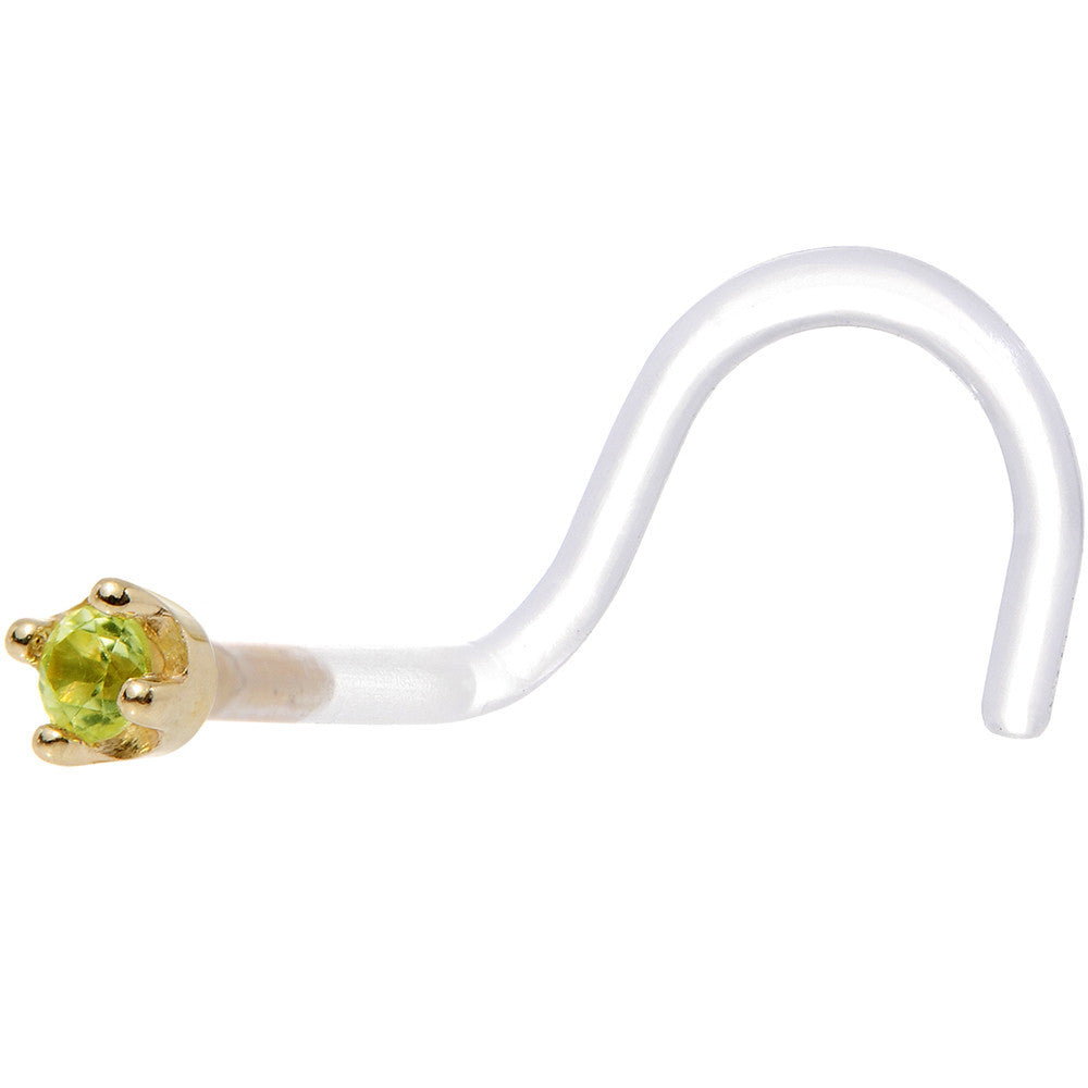 BodyCandy 18G 1/4 Yellow Gold 1.5mm Genuine Peridot Bioplast Nose Ring — detail close-up