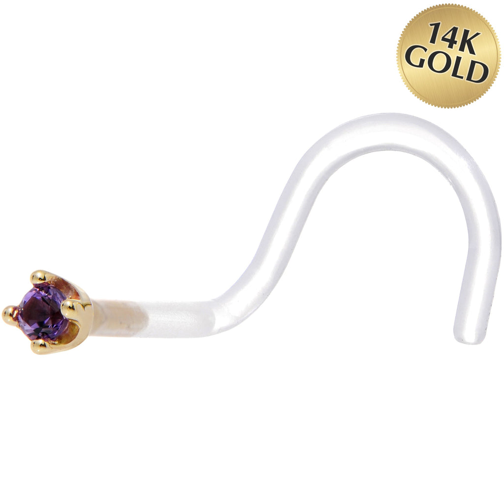 BodyCandy 18G 1/4 Yellow Gold 1.5mm Genuine Amethyst Bioplast Nose Ring — main product shot