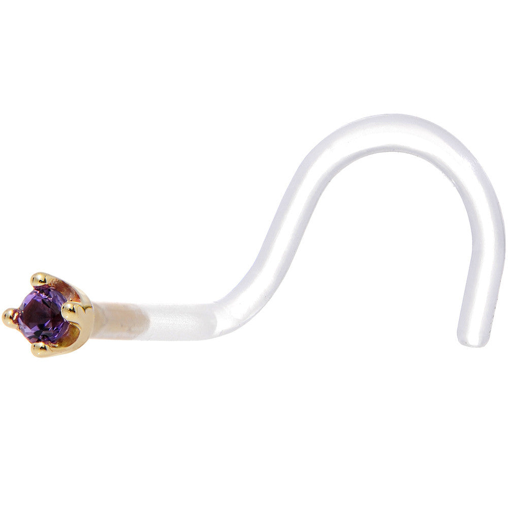 BodyCandy 18G 1/4 Yellow Gold 1.5mm Genuine Amethyst Bioplast Nose Ring — detail close-up