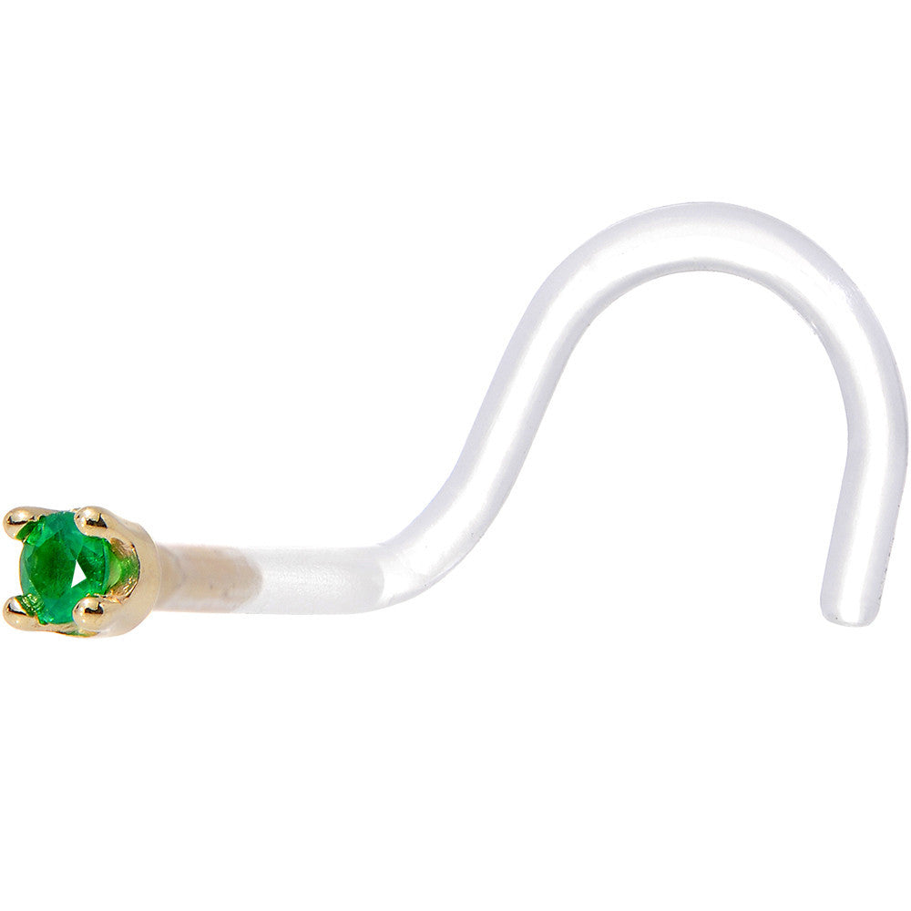 BodyCandy 18G 1/4 Yellow Gold 1.5mm Genuine Emerald Bioplast Nose Ring — detail close-up