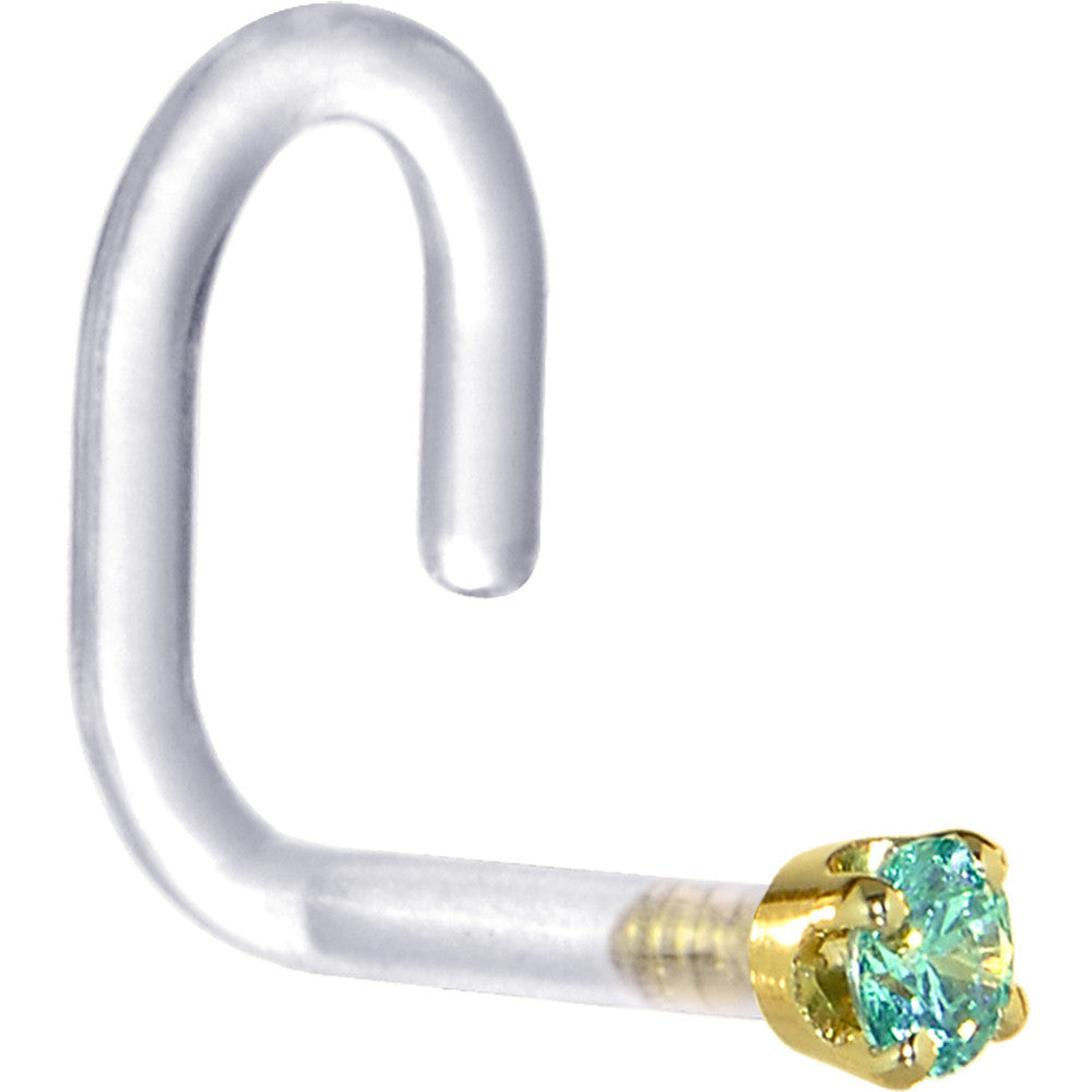 BodyCandy 18G 1/4 Yellow Gold 1.5mm Mint Green Cubic Zirconia Bioplast Nose Ring — detail close-up