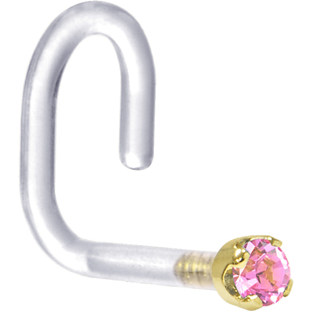 BodyCandy 18G 1/4 Yellow Gold 1.5mm Pink Cubic Zirconia Bioplast Nose Ring — detail close-up