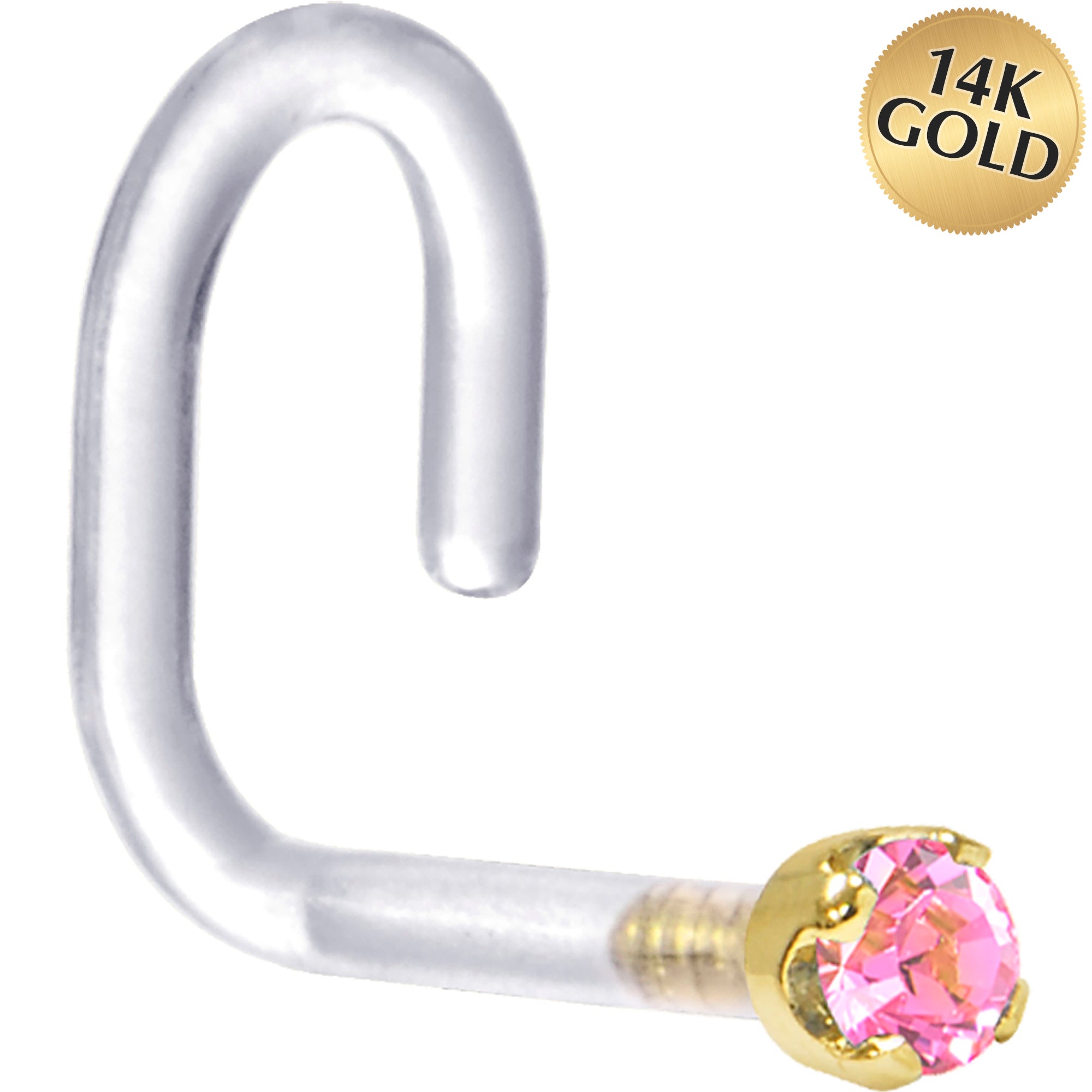 BodyCandy 18G 1/4 Yellow Gold 1.5mm Pink Cubic Zirconia Bioplast Nose Ring — main product shot