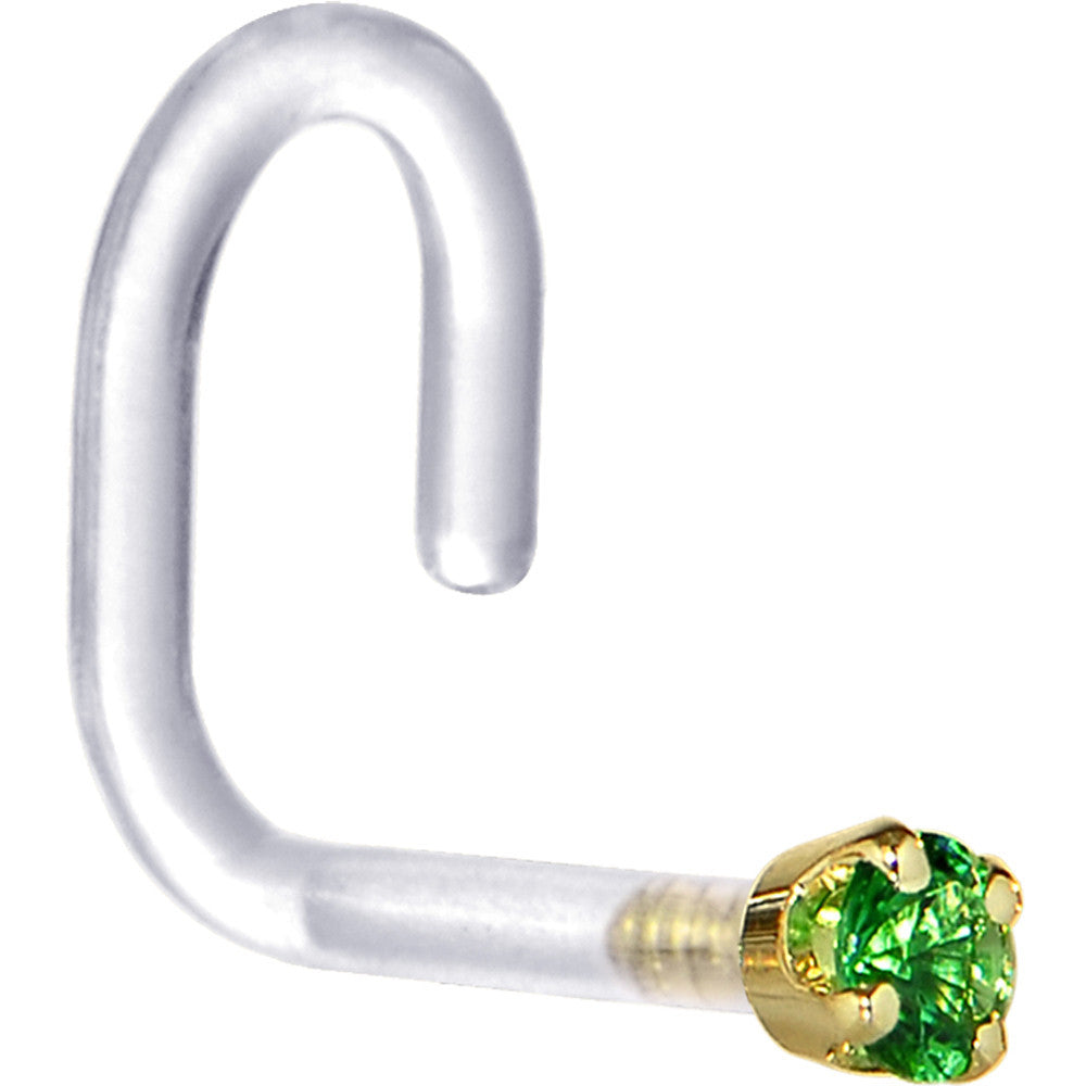 BodyCandy 18G 1/4 Yellow Gold 1.5mm Green Cubic Zirconia Bioplast Nose Ring — detail close-up