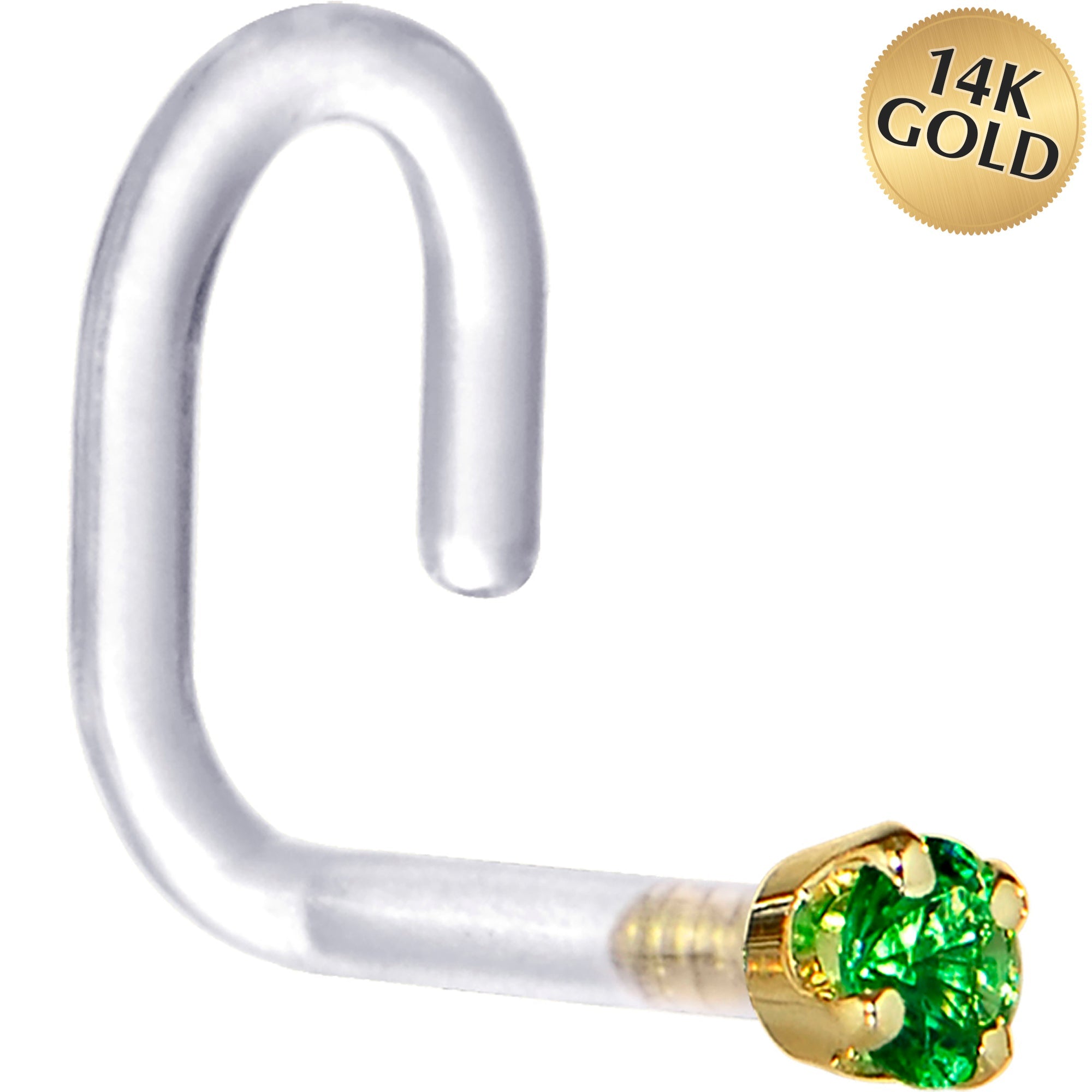 BodyCandy 18G 1/4 Yellow Gold 1.5mm Green Cubic Zirconia Bioplast Nose Ring — main product shot