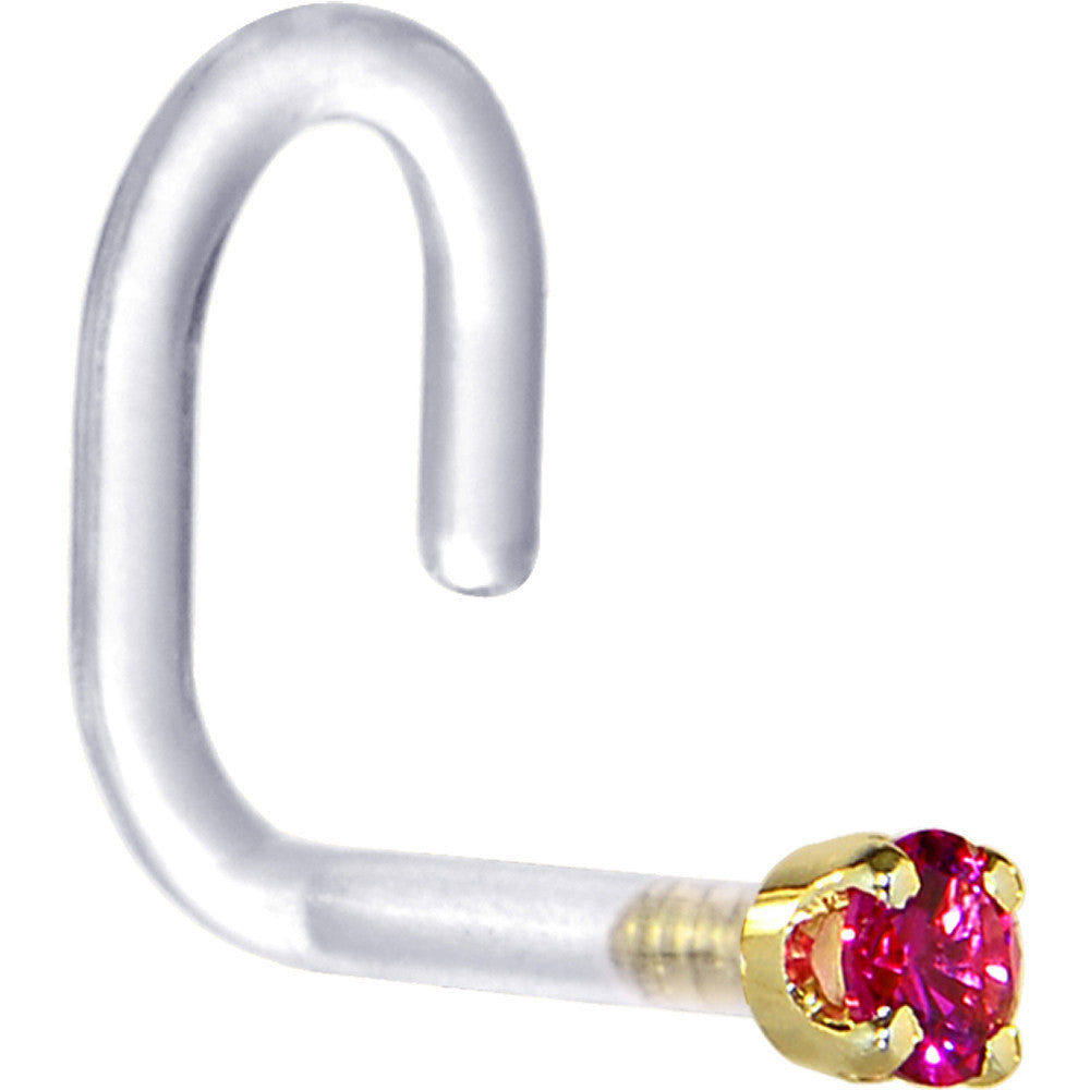 BodyCandy 18G 1/4 Yellow Gold 1.5mm Red Cubic Zirconia Bioplast Nose Ring — detail close-up