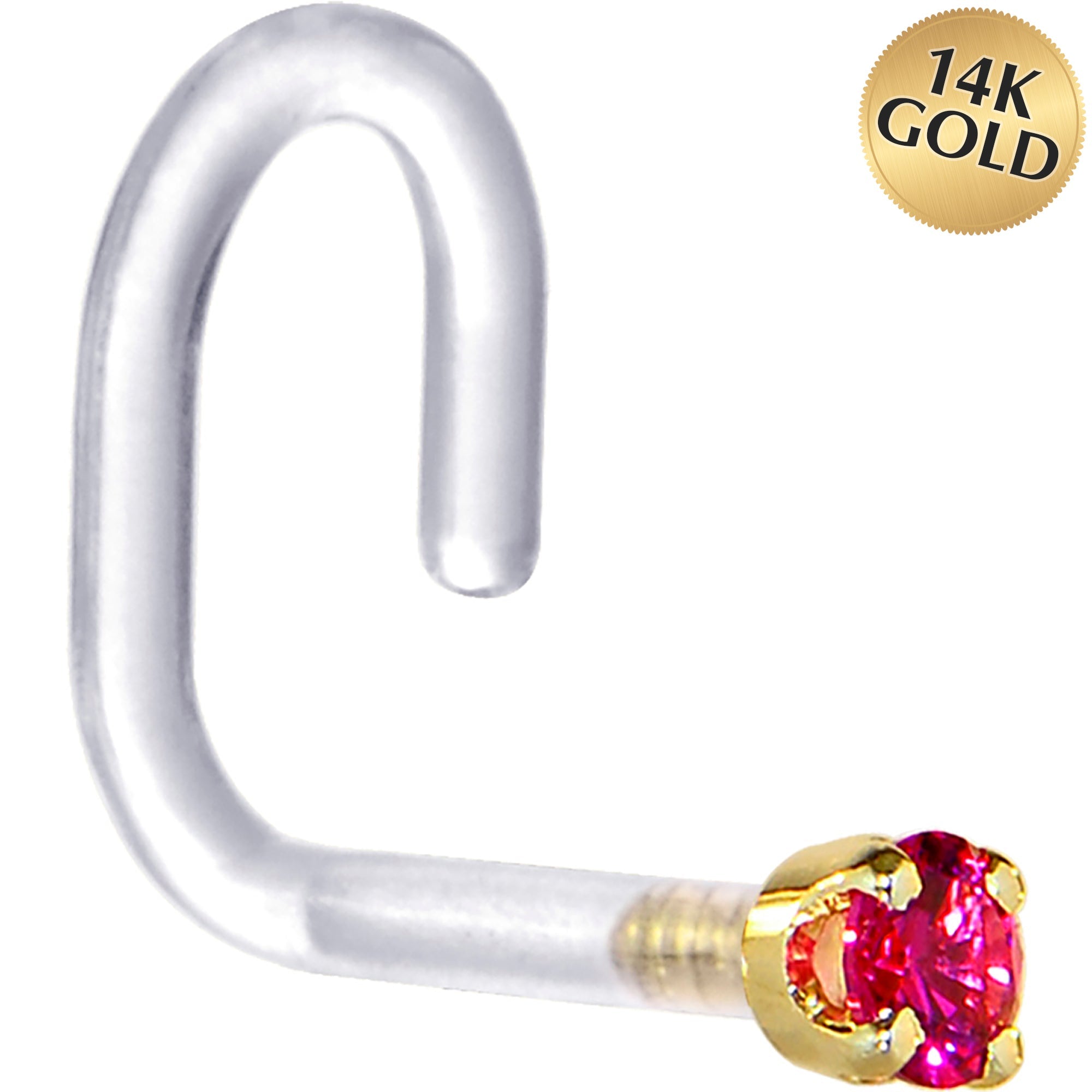 BodyCandy 18G 1/4 Yellow Gold 1.5mm Red Cubic Zirconia Bioplast Nose Ring — main product shot